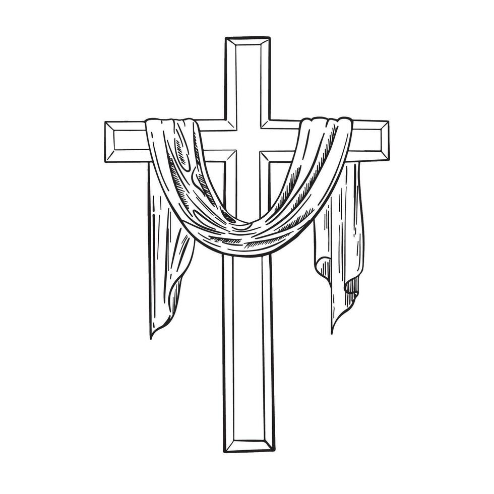 Sketch of a cross with a cloth. Hand drawn llustration. For easter, palm sunday . Religious theme. Crusifix. vector