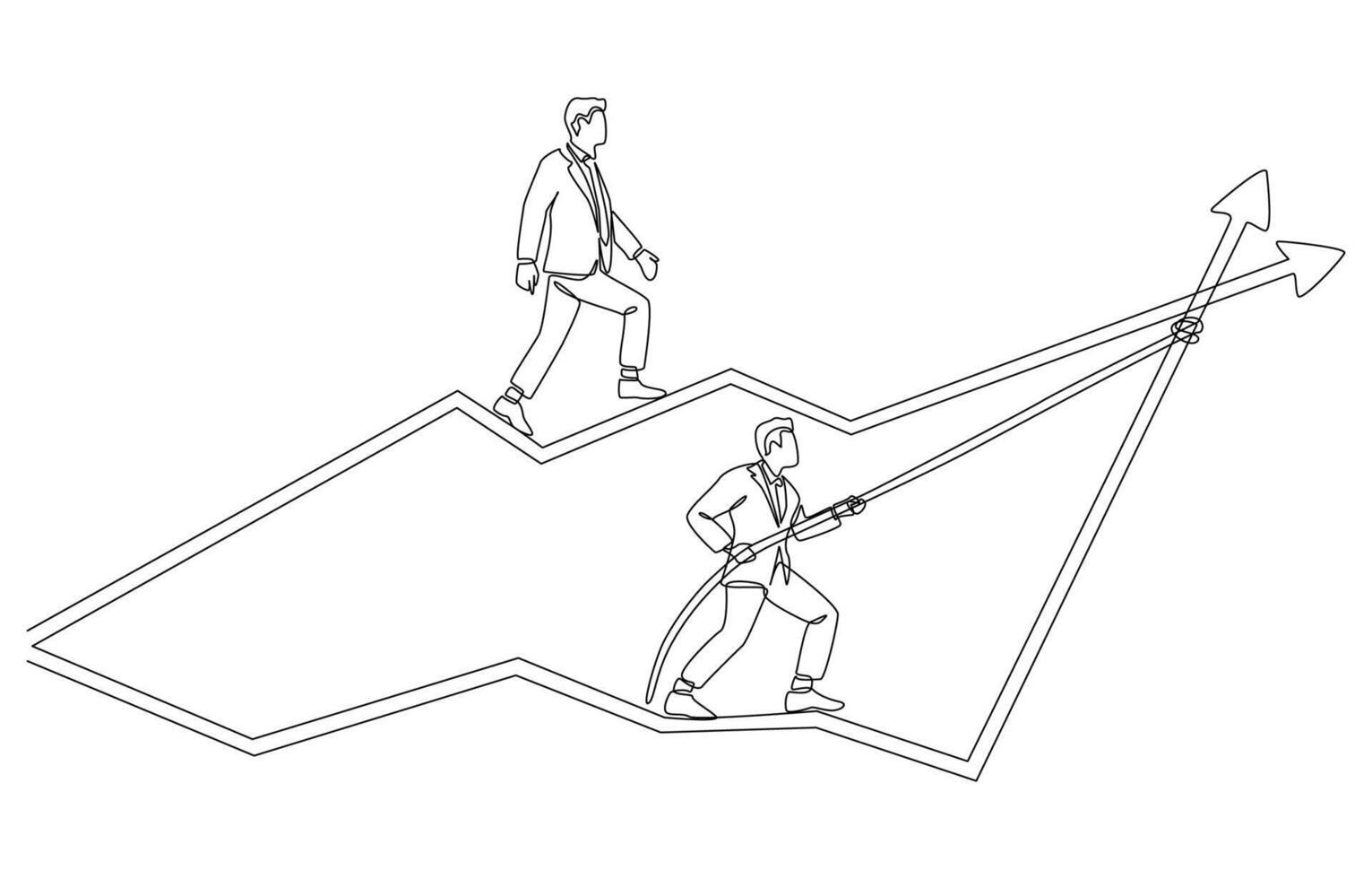 Continuous one line drawing of businessman trying to pull graph higher than competitor's graph, business competition concept, single line art vector