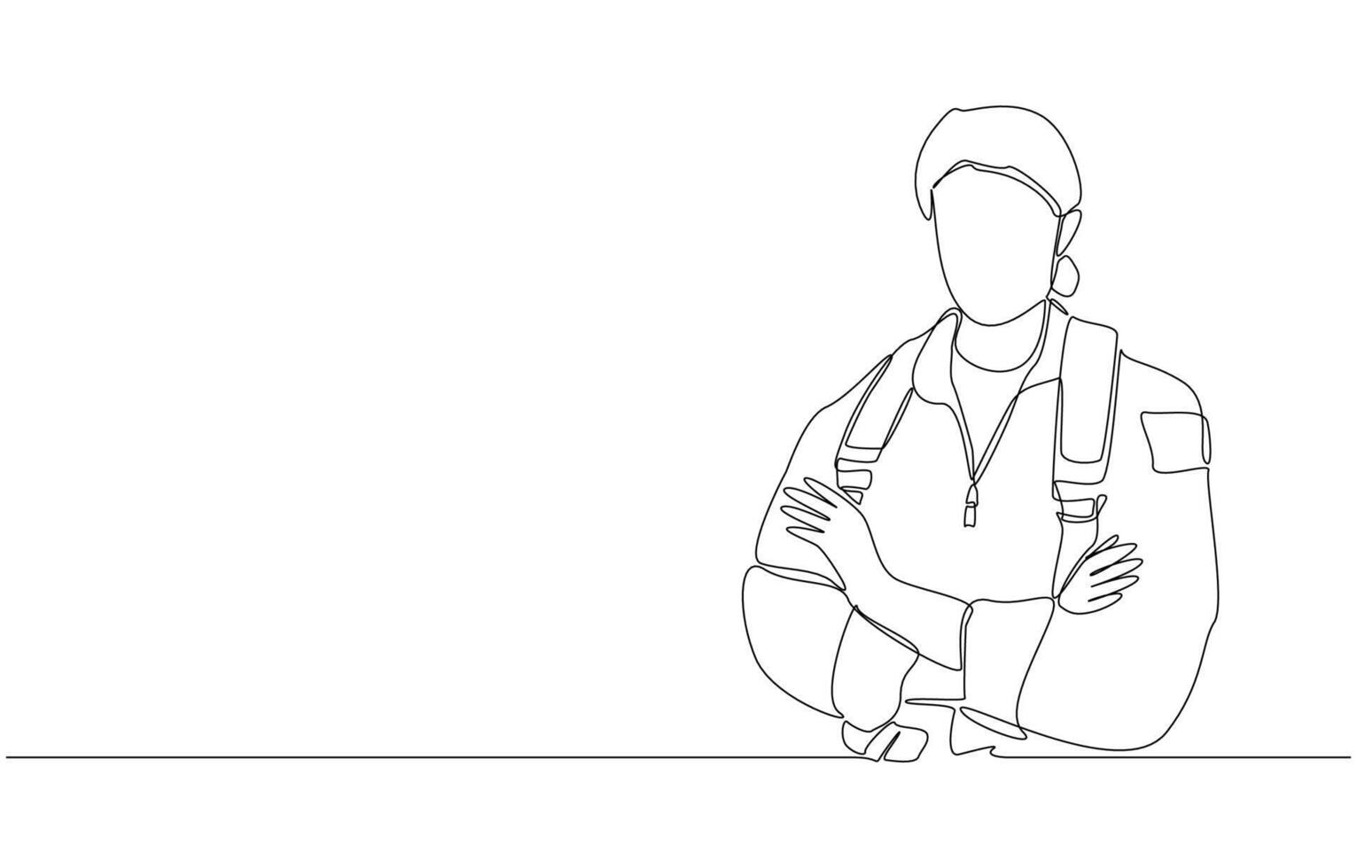 Continuous one line drawing of female fighter pilot crossing arms, air force pilot concept, single line art vector