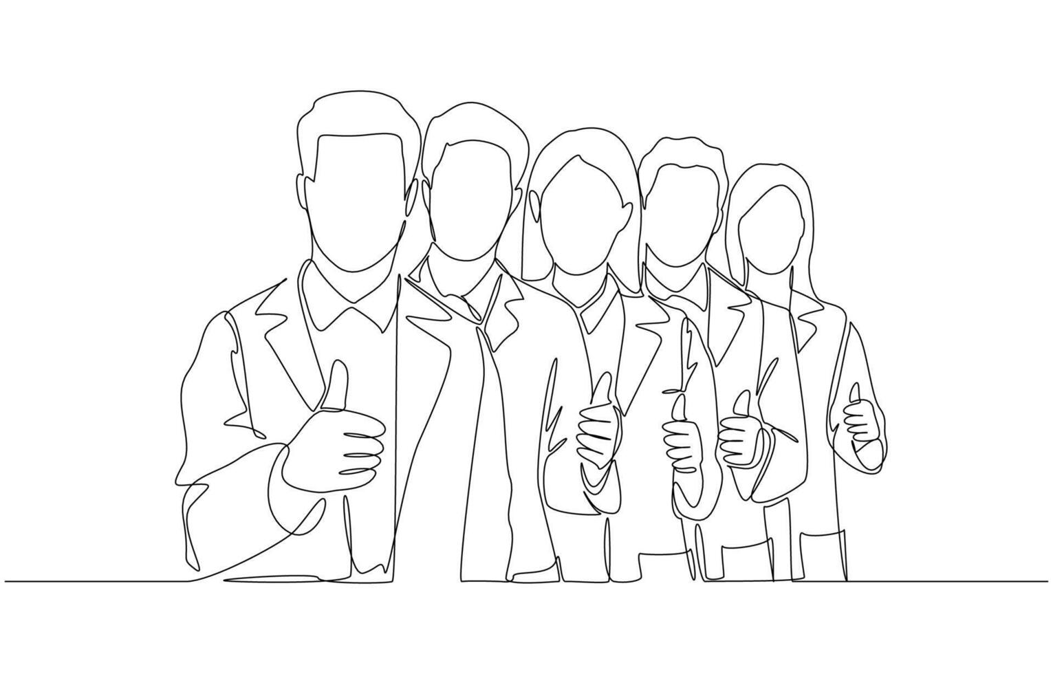 Continuous one line drawing of researchers standing in line giving thumbs up gesture, scientific operational research team concept, single line art vector