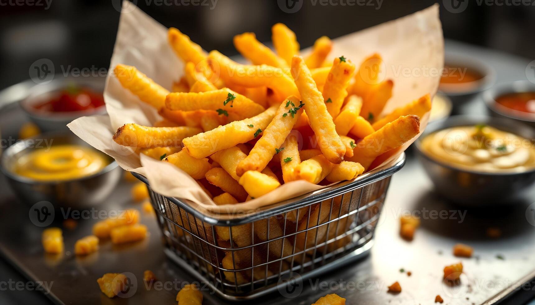 Crispy French Fries in a Wire Basket with Dips photo