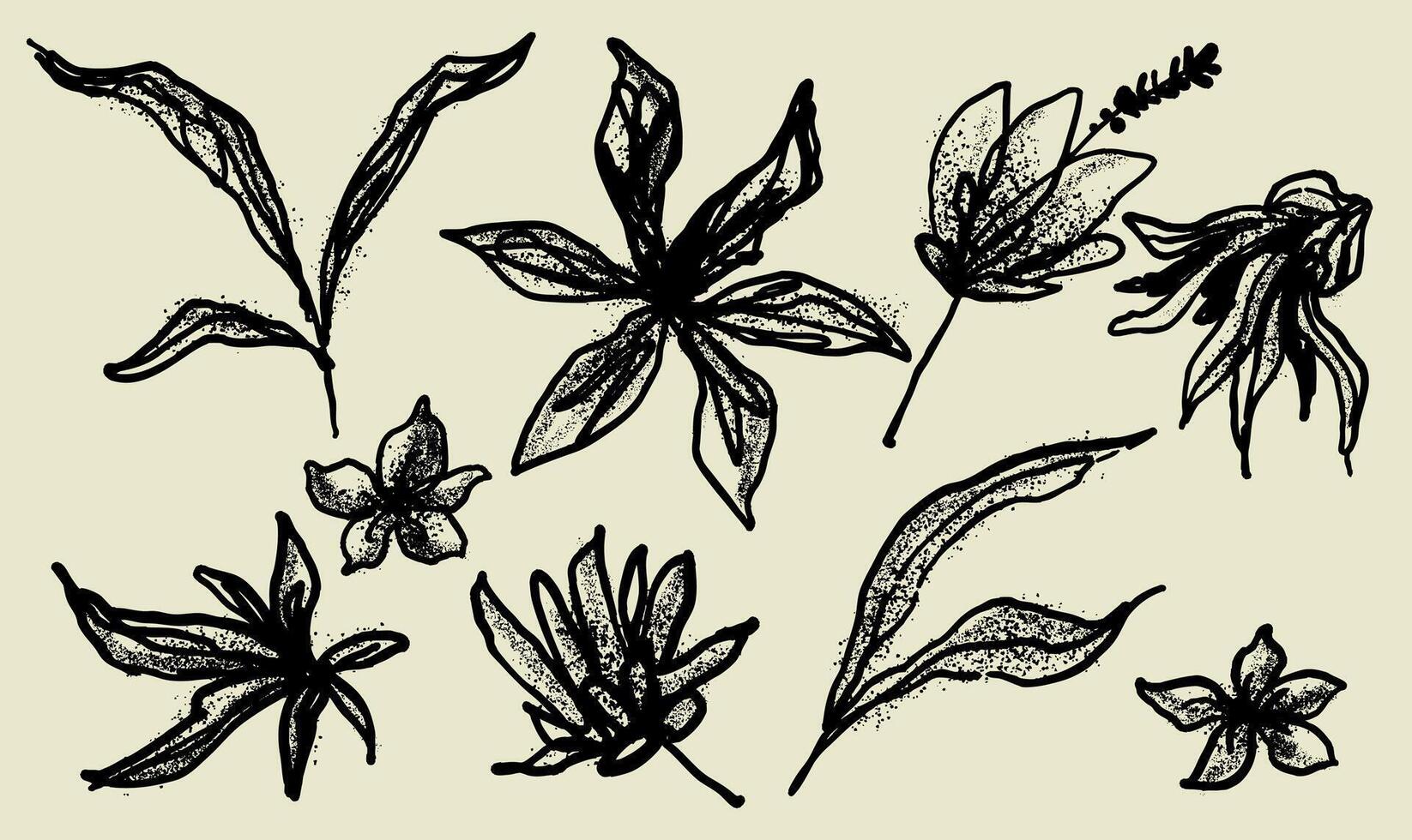 Botanical Floral Branch In Silhouette Style. Hand Painted With Acrylic, Dry Brush Wedding Herb, Minimalistic Flowers With Elegant Leaves. Template Botanical Rustic Greenery . Flowers And Leaves. vector