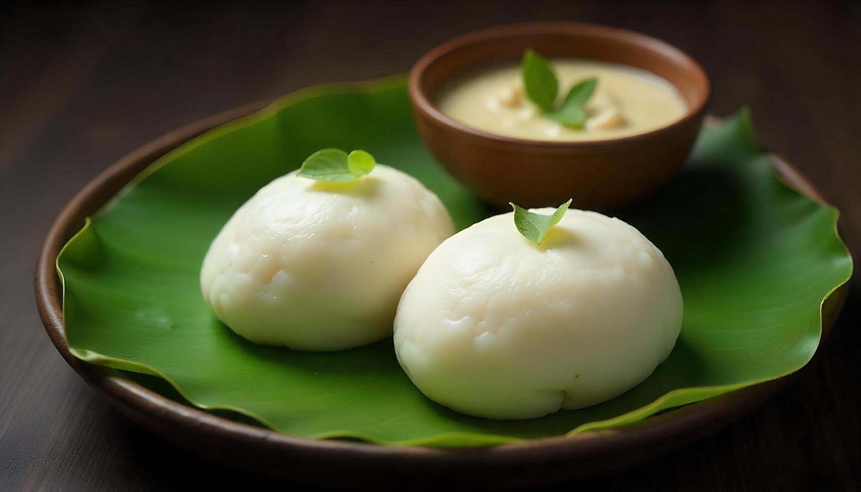 Delicious white steamed dumplings served on a banana leaf with a sweet sauce. photo