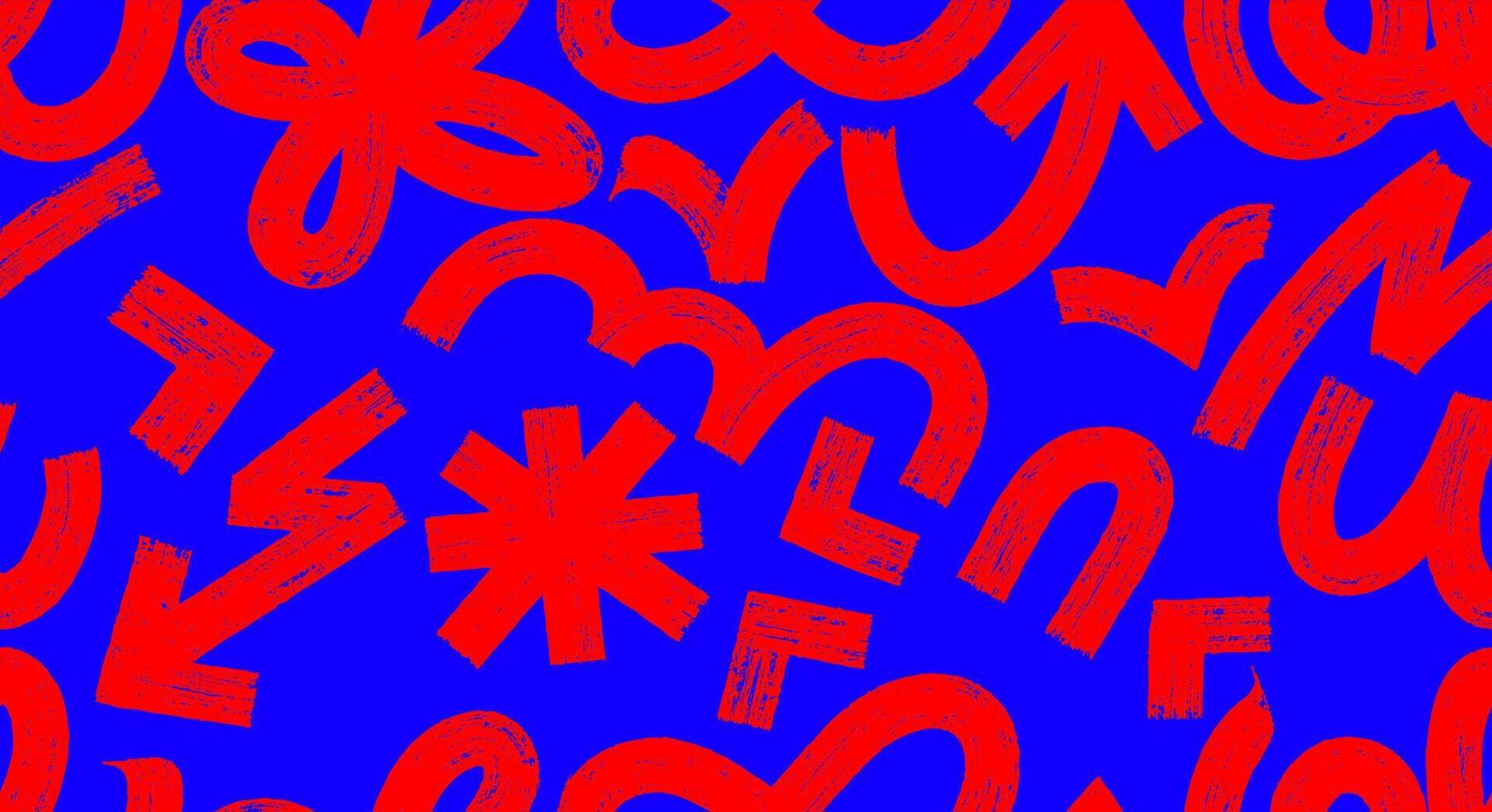 Various Abstract Geometric Brush Stroke Shapes Seamless Pattern. Red Arrow, Circles, Asterisk, Curved, Swirls, Bold Lines. Bold Dry Brush Drawn Geometric Figures, Design Objects Ornament. vector