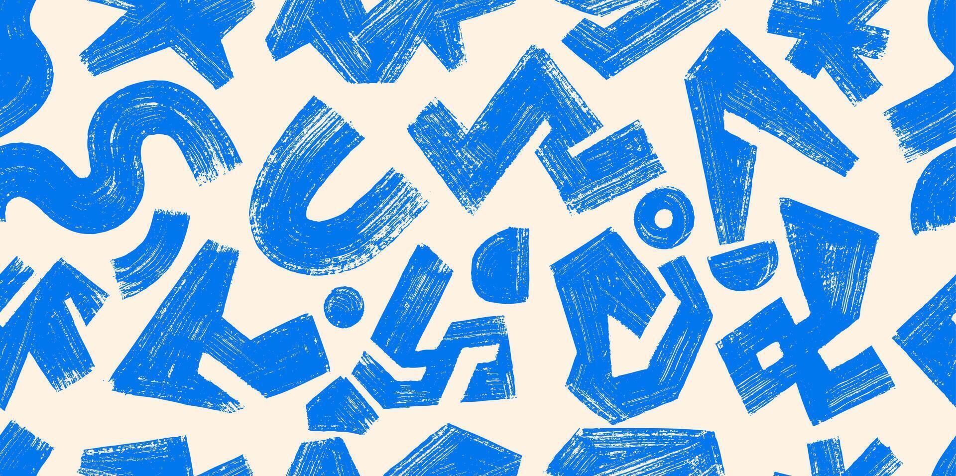 Seamless Geometric Pattern Memphis Style Background. Abstract Blue Pattern. Template Grunge Straight Brush Stroke, Circles, Zigzag Lines, Triangles. Hand Drawn Seamless Ink, Dry Brush Stroke. vector