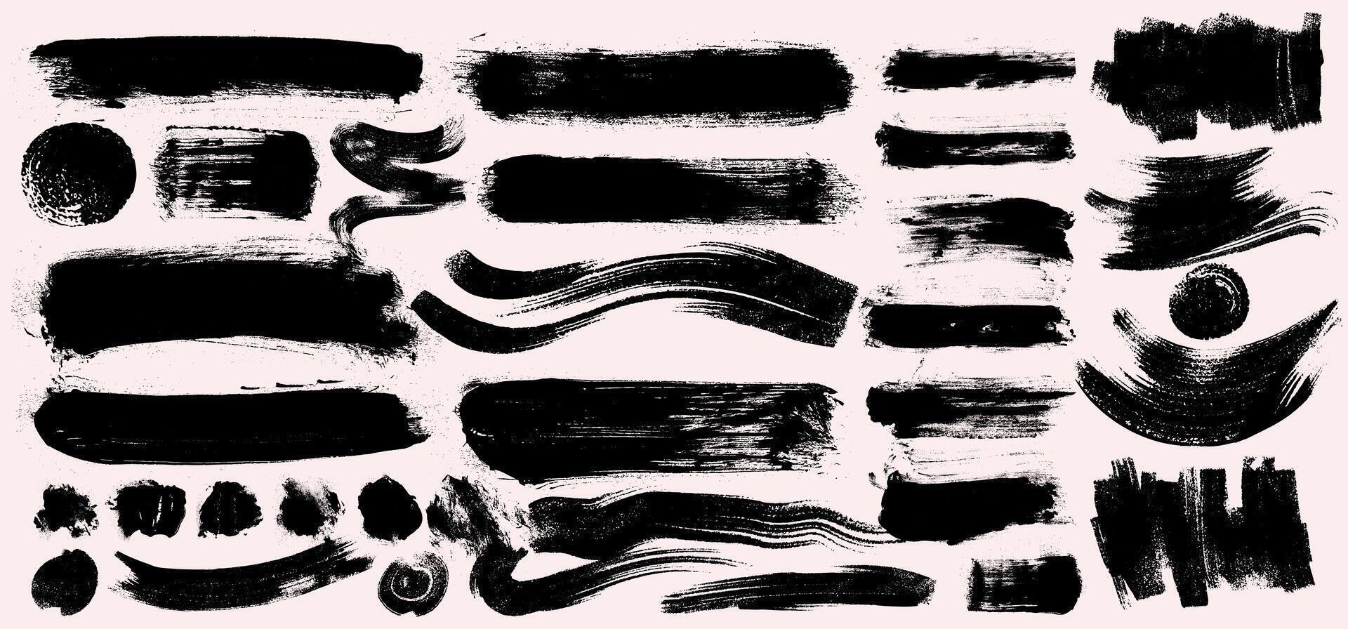 Paintbrush Grunge Design Elements Set. Black Dotwork Grain Texture, Charcoal Splashes. Brush Strokes . Collection Of Text Boxes. Dirty Texture Banners. Painted Rectangles And Long Strokes. vector