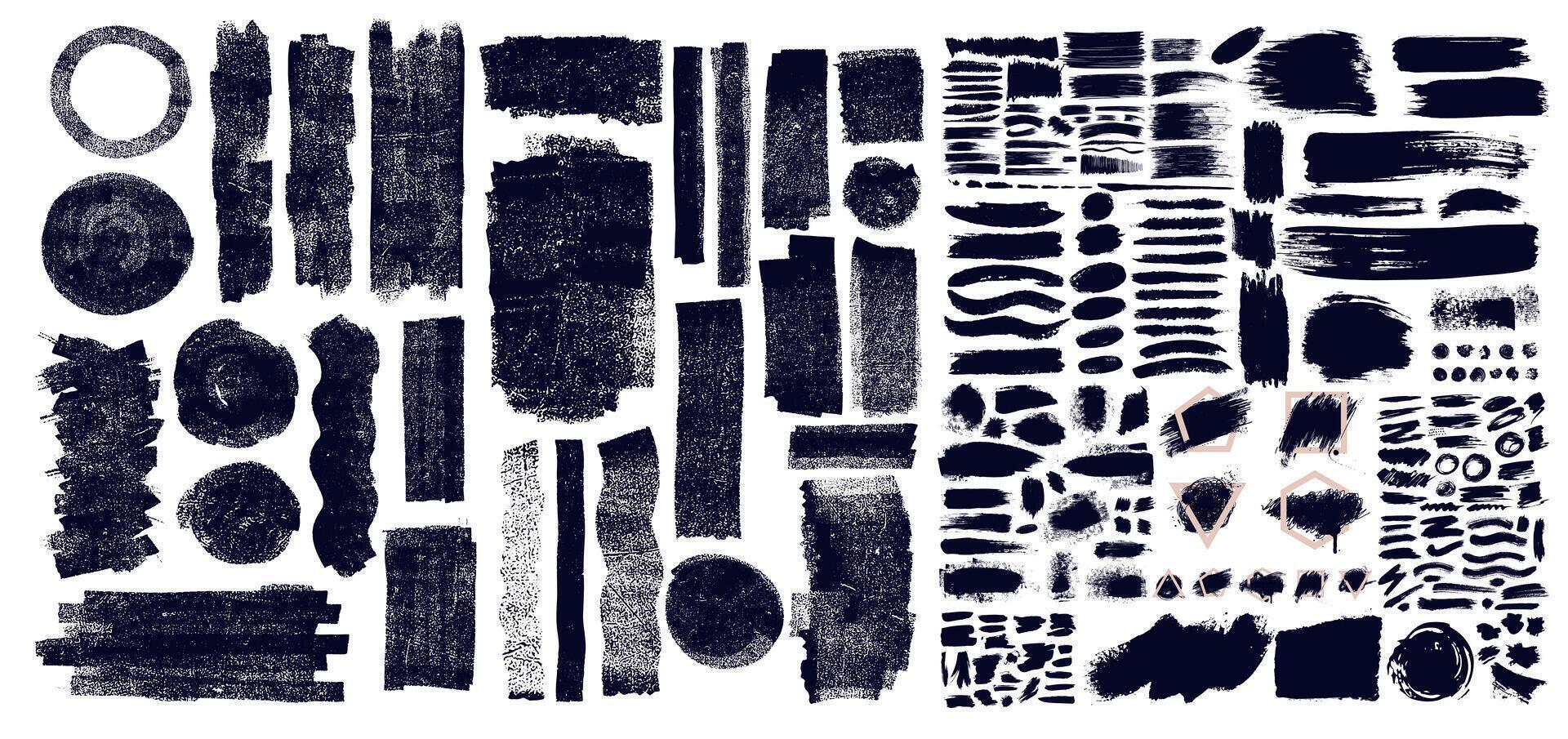 Brush Strokes Set. Big Collection Of Dry Brush Marks With Jagged Edges. Paintbrush Black Text Boxes. Template Grunge Design Elements. Dirty Texture Banners. Painted Frame, Art Objects. vector