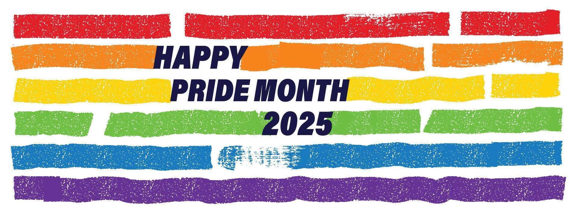 Happy Pride Month Banner. Pride Month 2025. Lgbt Flag Against Homosexual Discrimination. Grunge Texture With Brush Stroke Pattern, Rainbow Color, Banner. Colored Stripes. Illustration. vector