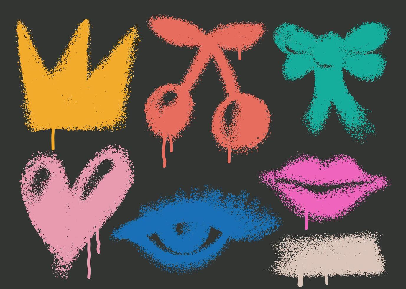 Set of graffiti colored spray paint icons. Grunge and dirty decoration crown, cherry, bow, heart, eye, lips design elements for banner, flyer, cards, poster, collages and ads. graffiti icons. vector