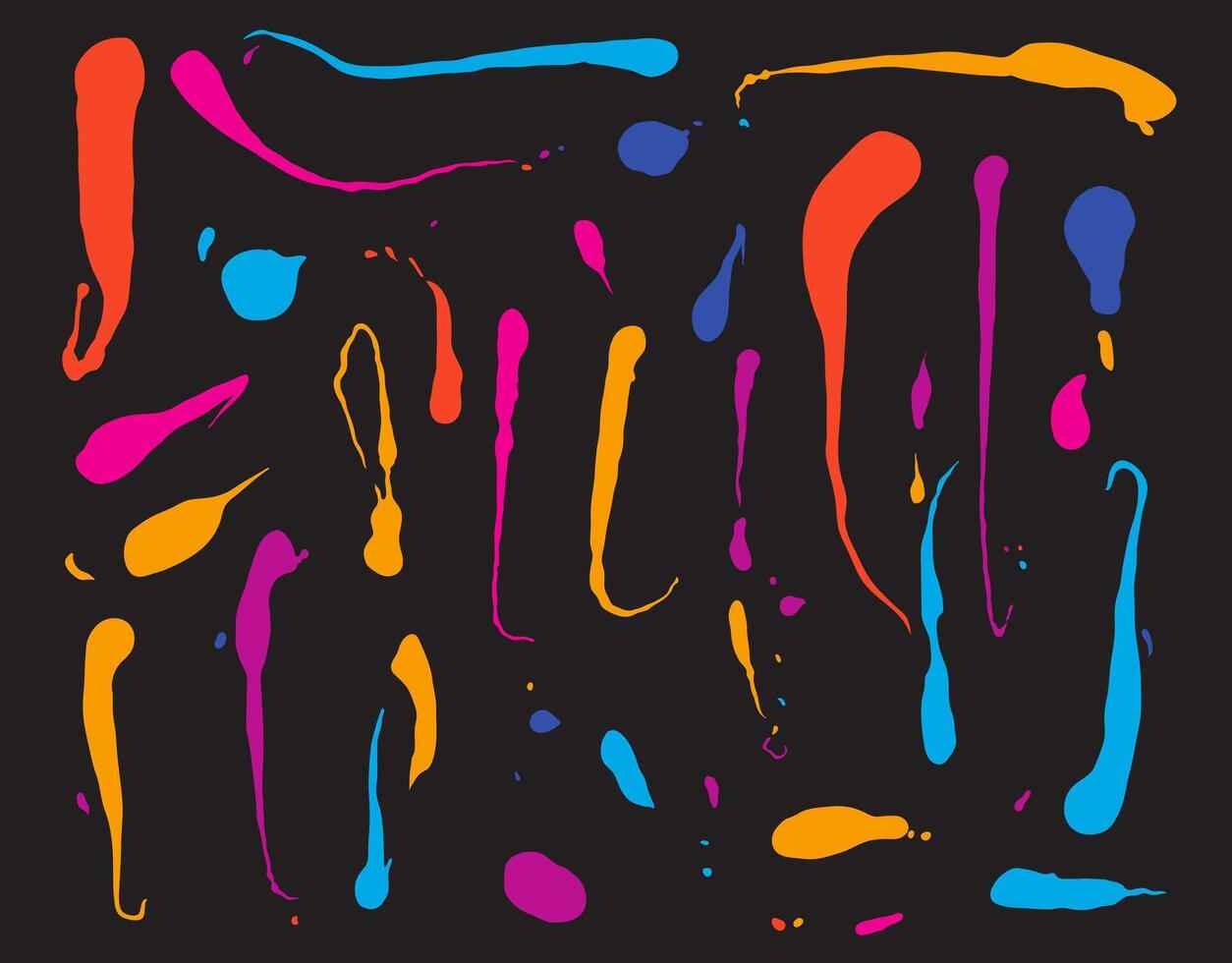 Set of acrylic abstract expressionism splatter. Style of drip painting. Colored art splatter. Illustration splatter color background. Bright splash splatter stain brush strokes. Vibrant spots. vector