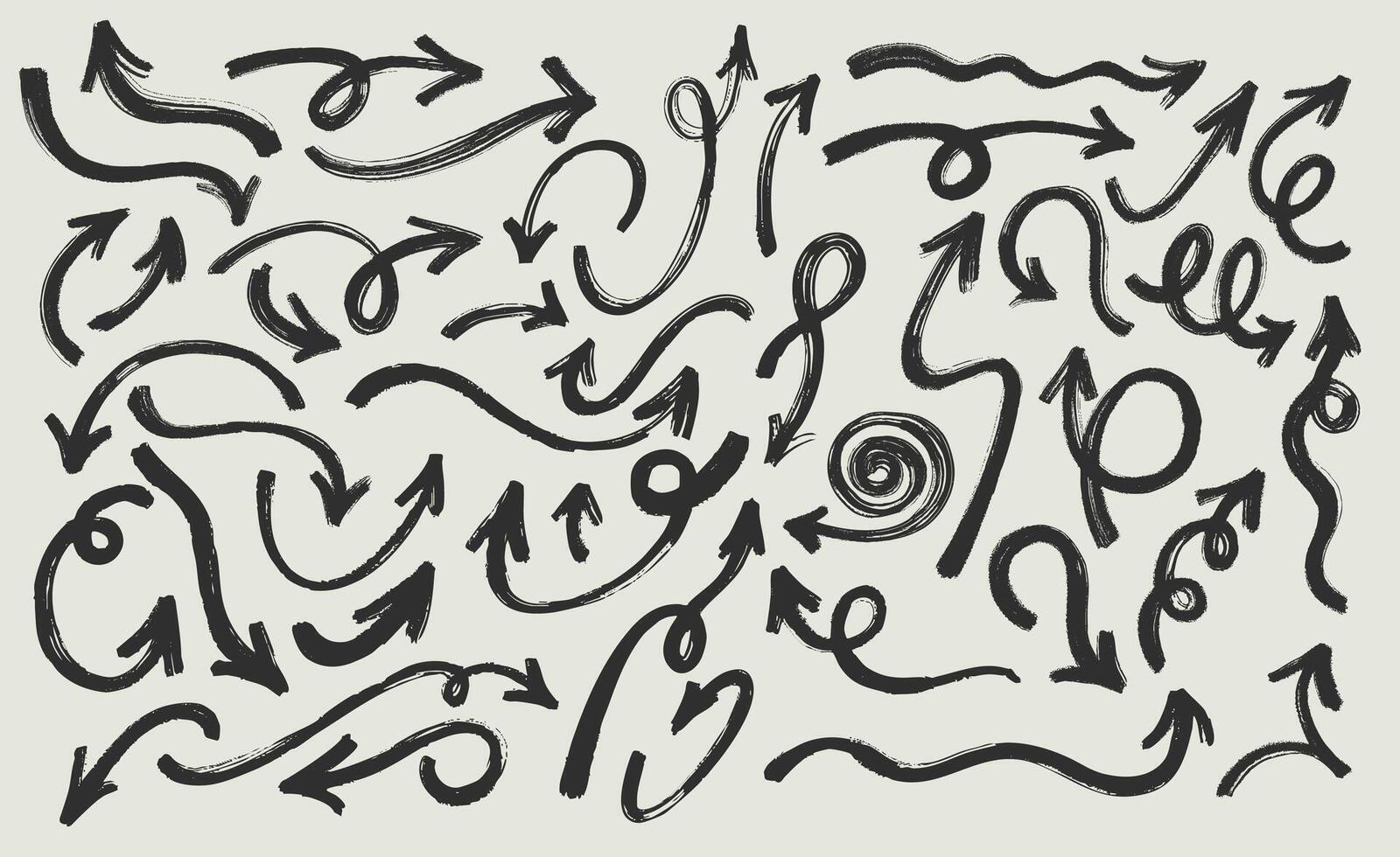Collection Of Scrawls And Scribbles. Direction Pointers Arrows. Hand Drawn Grunge Lines And Abstract Arrows Set. Dry Grunge Arrows Highlight Underline, Paint Bold Brush Strokes. vector