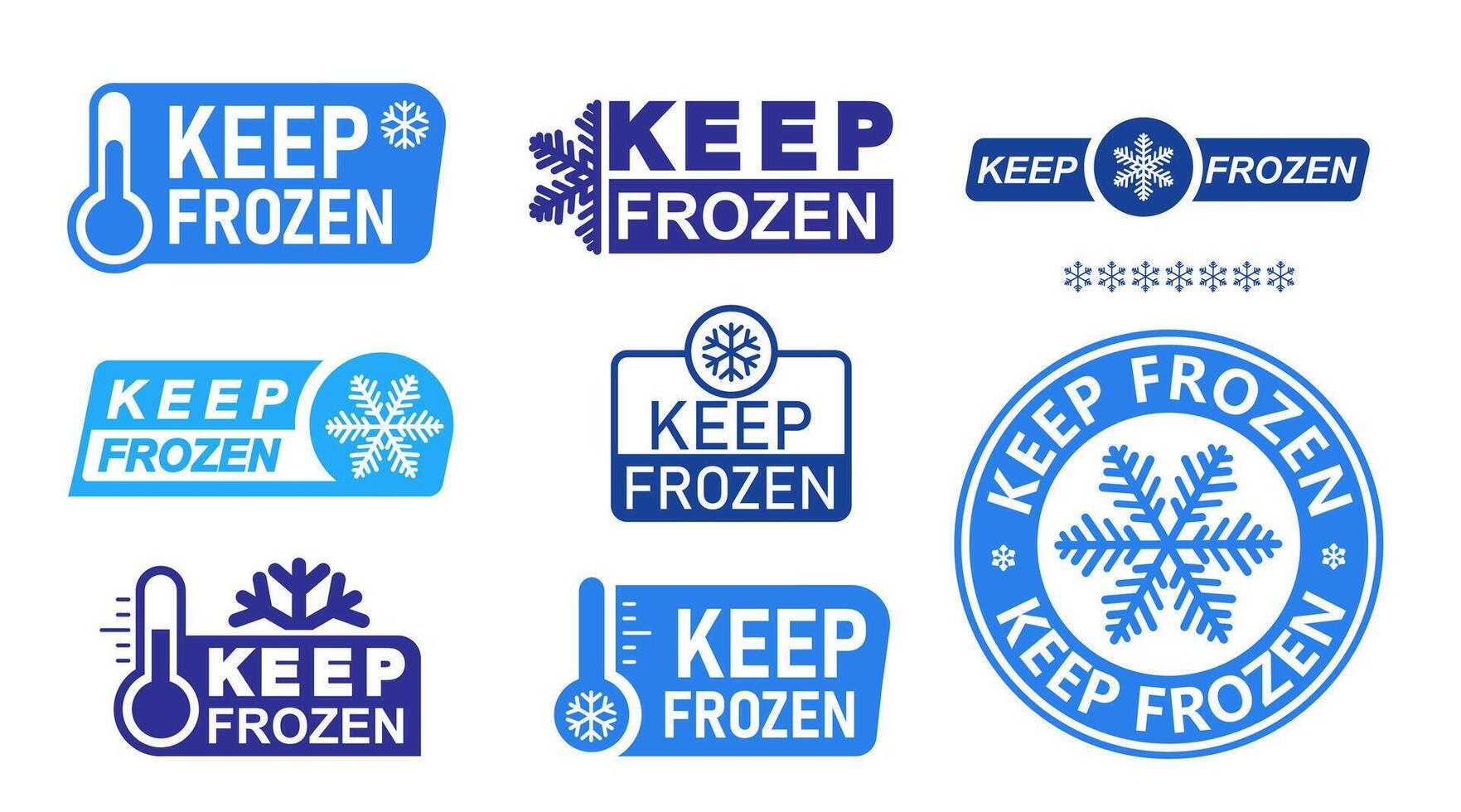 Set of Keep frozen label. Template blue and black Keep frozen badges for product. Collection of sticker with snowflake and thermometer. Storage in refrigerator and freezer. illustration. vector