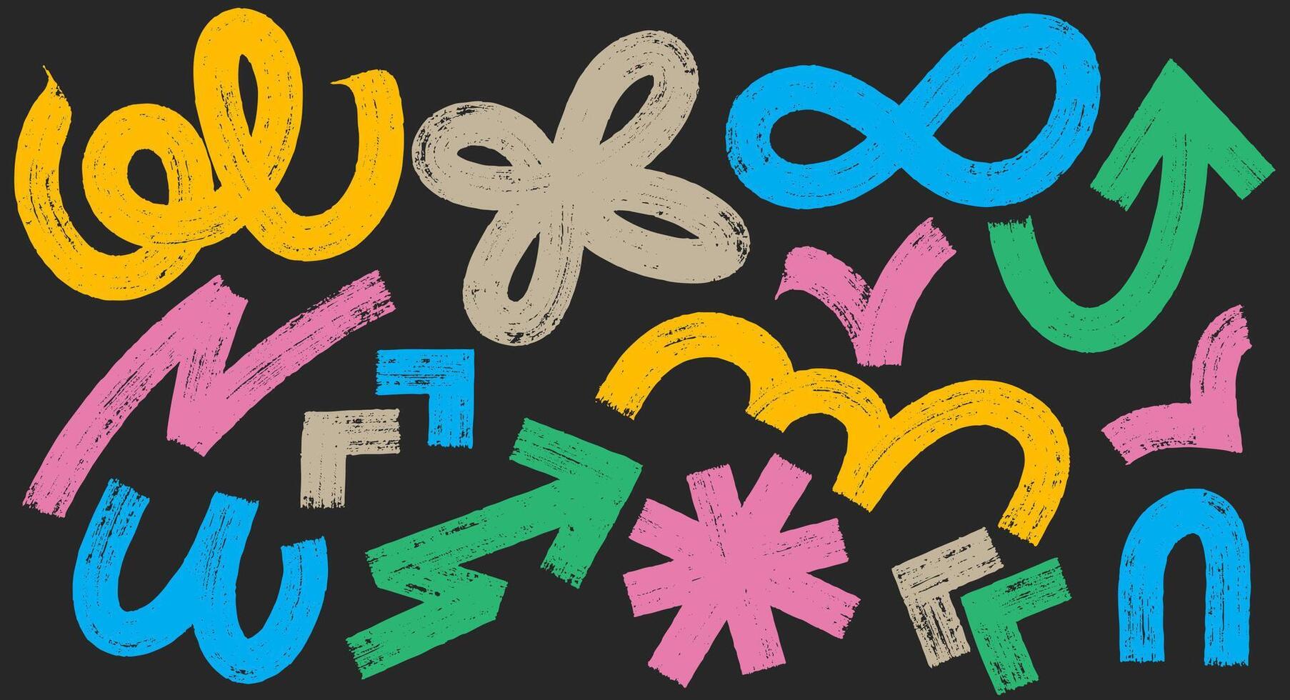 Set Of Abstract Kid Shapes In Doodle Grunge Style. Hand Drawn Squiggles, Dots And Wavy Bold Lines, Circles, Asterisk, Infinity Sign. Template With Colored Geometric Trend Dry Brush Elements. vector
