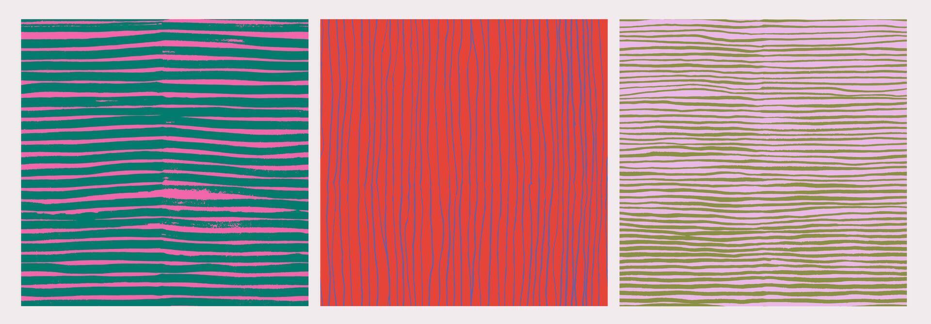 Set of seamless pattern thin vertical, horizontal stripe. Wave color grunge print pattern set. Unusual painted ornament brush strokes. Texture grunge for wallpaper, gift paper, fabric print. vector