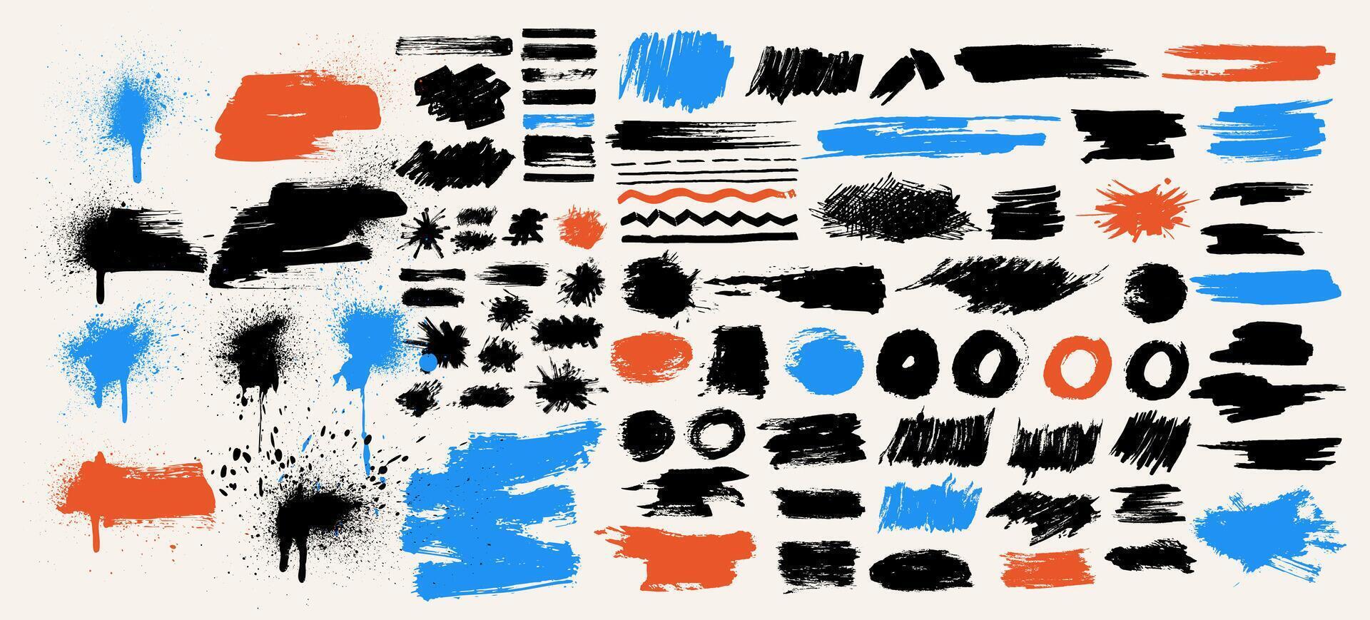 Black Dry Brush Strokes Set. Hand Drawn Ink Spots Isolated On White Background. Illustration Black Dotwork Grain Texture, Charcoal Splashes. vector