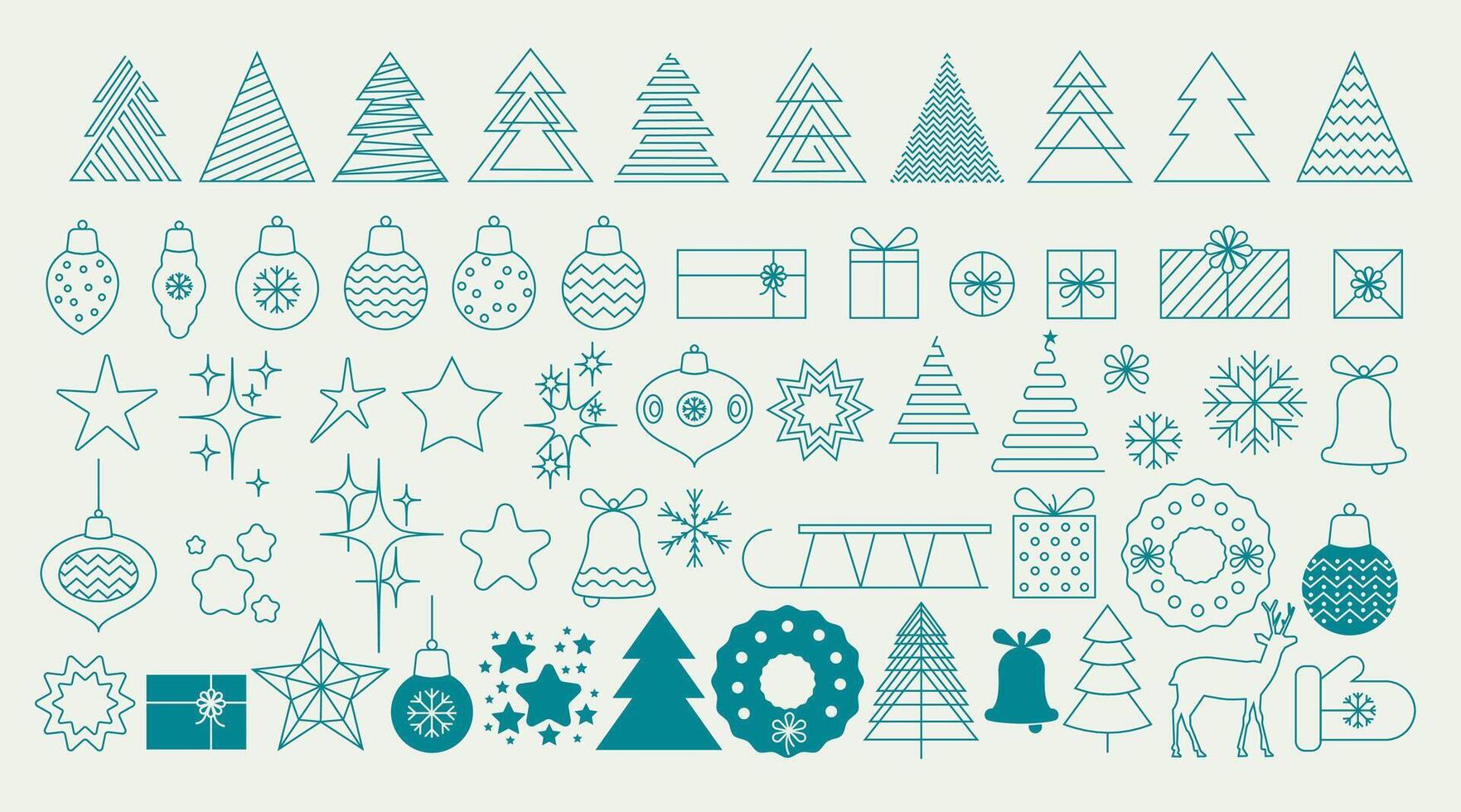 Big set of minimalistic geometric Christmas elements linear style. Abstract Xmas decoration. vintage elements in linear. Christmas trees, balls, gifts, snowflakes, stars. Line is easy to edit vector