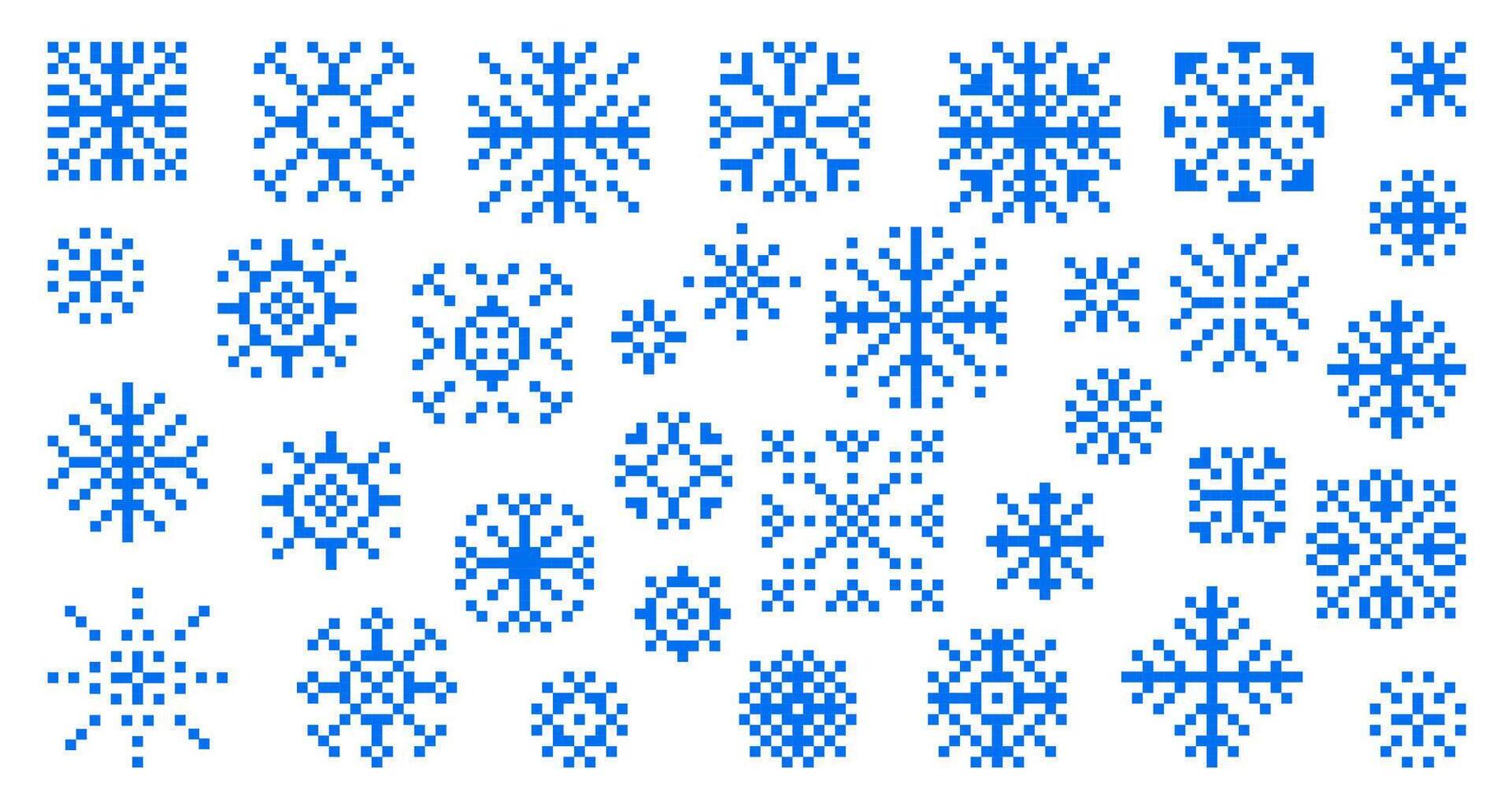 Big collection of snowflakes, snow icon in pixel art. Set of retro. Pixel snowflakes with tracery. Decoration ice floes with geometric patterns. Symbol of Christmas holiday and 8bit game. vector
