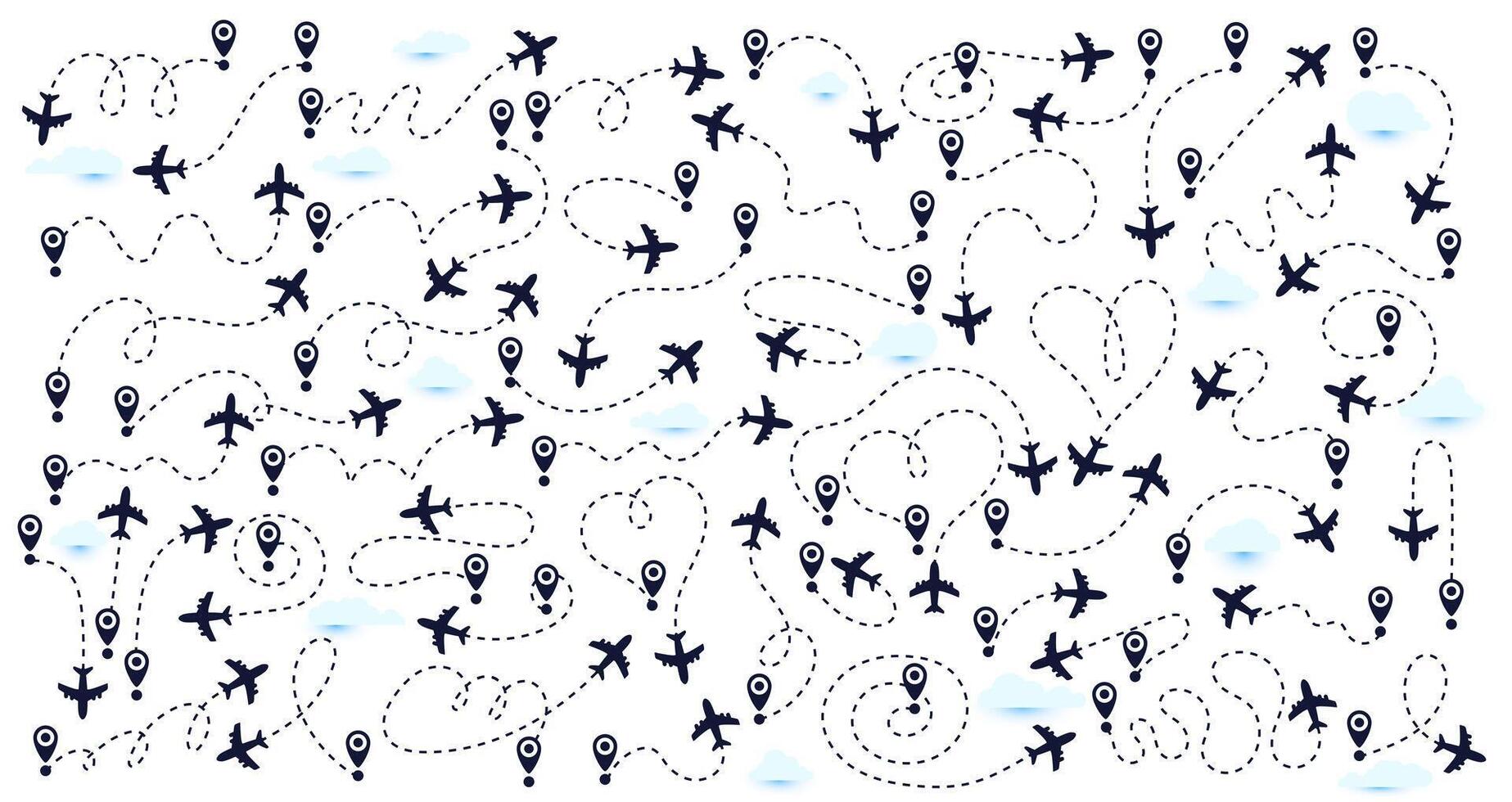 Big set airplane routes in dotted line. Departure point, landing point. aircraft tracking, planes, travel, map pins, location pins. Editable paths, plane lines illustration vector