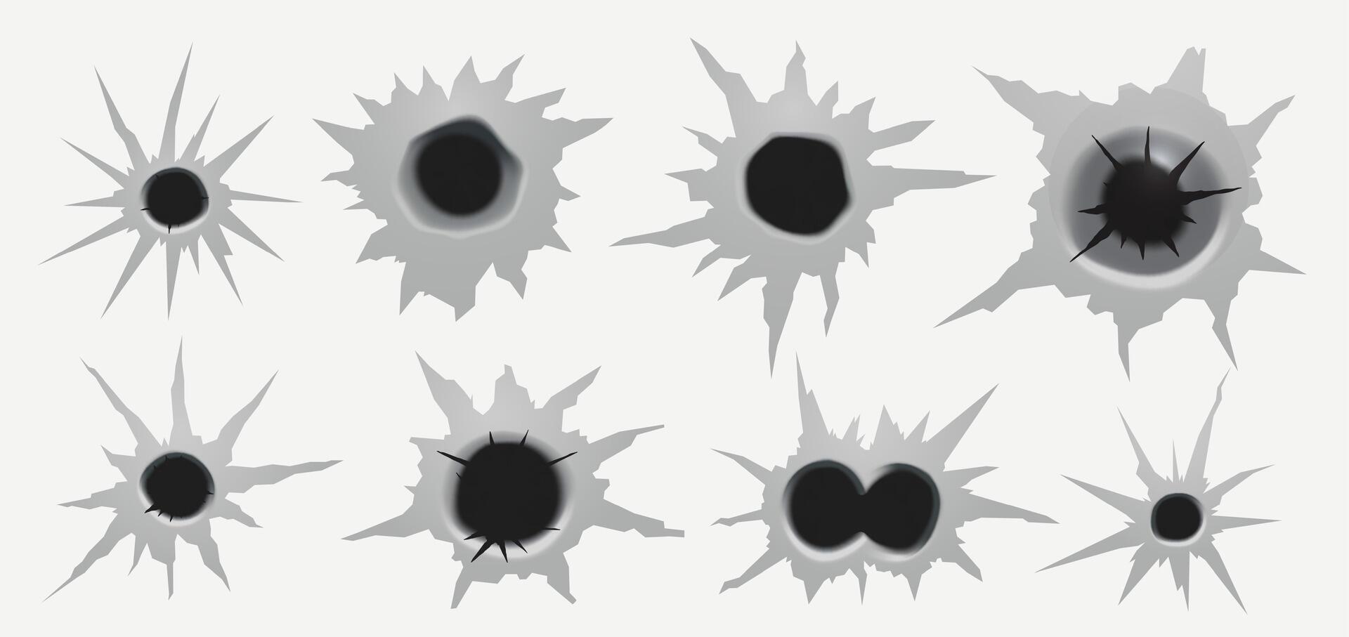 Set of bullet holes. Exploding bullet holes. Round damage with cracks from punching and exploding shells as symbol of danger and aggressive war. Torn holes illustration. vector