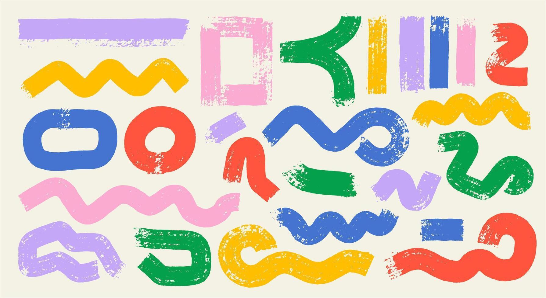 Set of colored grunge brushes with jagged edges painted on canvas. Brush strokes color are straight, wavy, zigzag, curved, circle, square. frame for text modern art graphics for design. vector