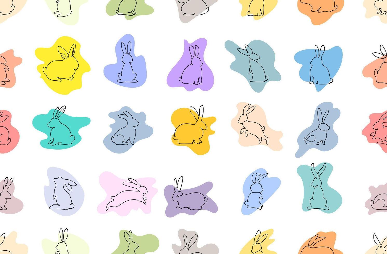 Seamless with running, jumping rabbits pattern colored colors. Endless pattern with rabbits. Seamless pattern for holidays, poster, background, gift wrapping. Rabbit is drawn in one line vector