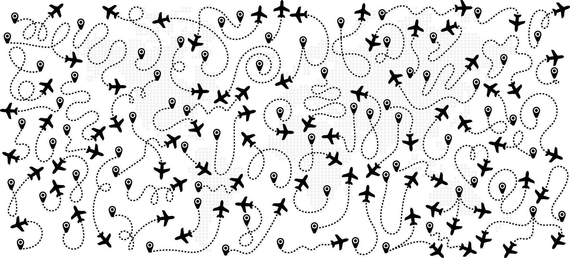 Big collection airplane routes in dotted line. Departure point, landing point set. aircraft tracking, planes, travel, map pins, location pins. Editable paths, plane lines illustration. vector