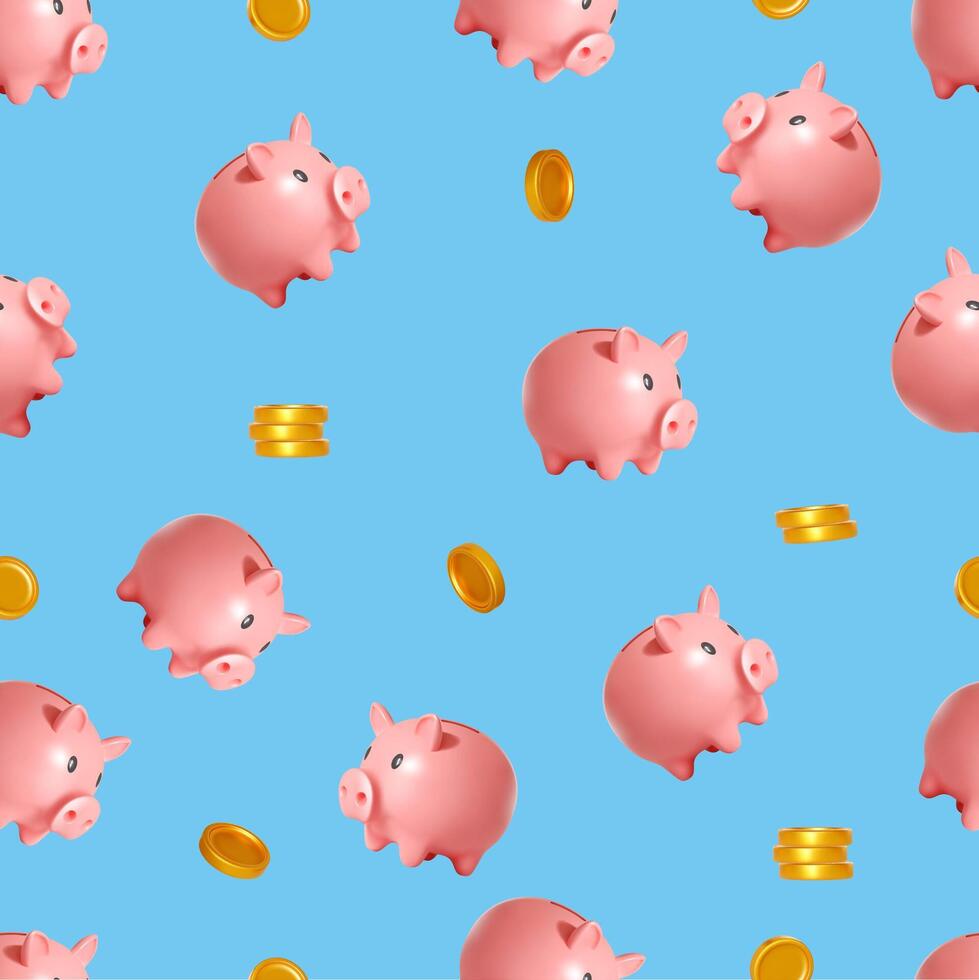 Piggy bank seamless pattern. Pink piggy banks on blue background. Falling gold dollar coins, 3d pink pig. Investments and saving money backdrop, finance decor, illustration endless print. vector