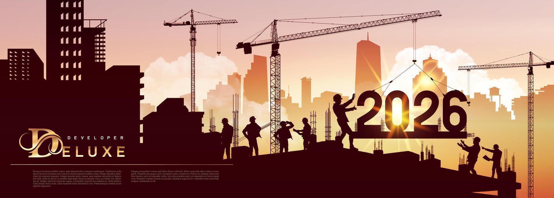 Large construction site, many construction cranes set numbers 2026. Black silhouette staff works as a to prepare to welcome the new year. Construction team sets numbers for New Year 2026. . vector