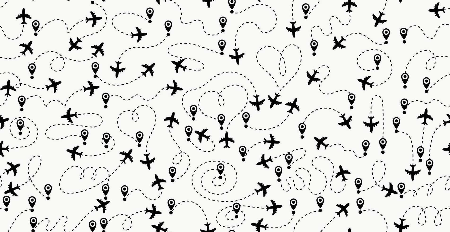 Seamless pattern airplane routes in dotted line. Aircraft tracking, planes, travel, map pins, location pins illustration. Seamless pattern aircraft tracking. Departure point, landing point. vector