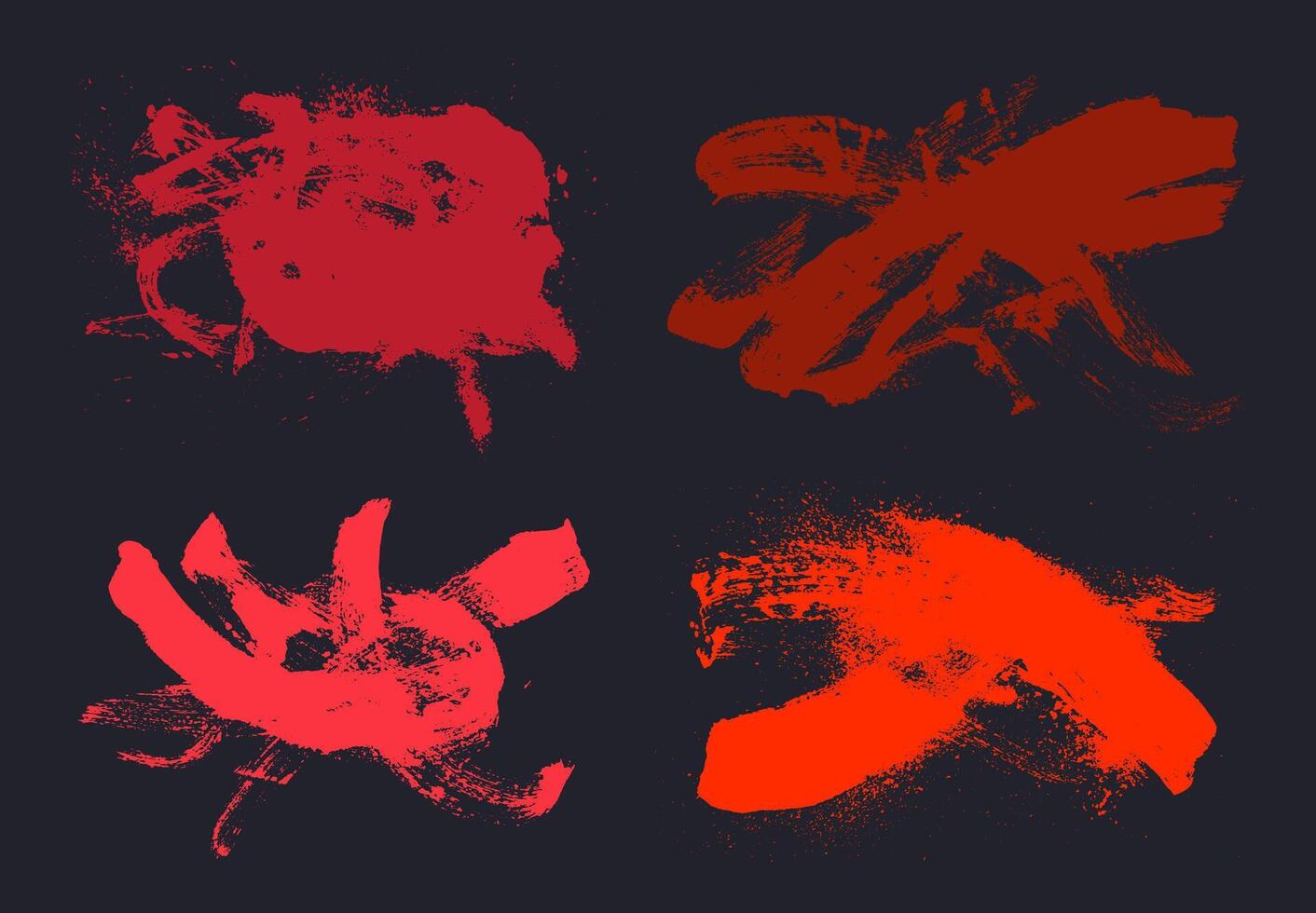 Set of hand draw a red brush on a black background. Art collection of brush strokes. Red artistic design elements. Dry brush on canvas. vector