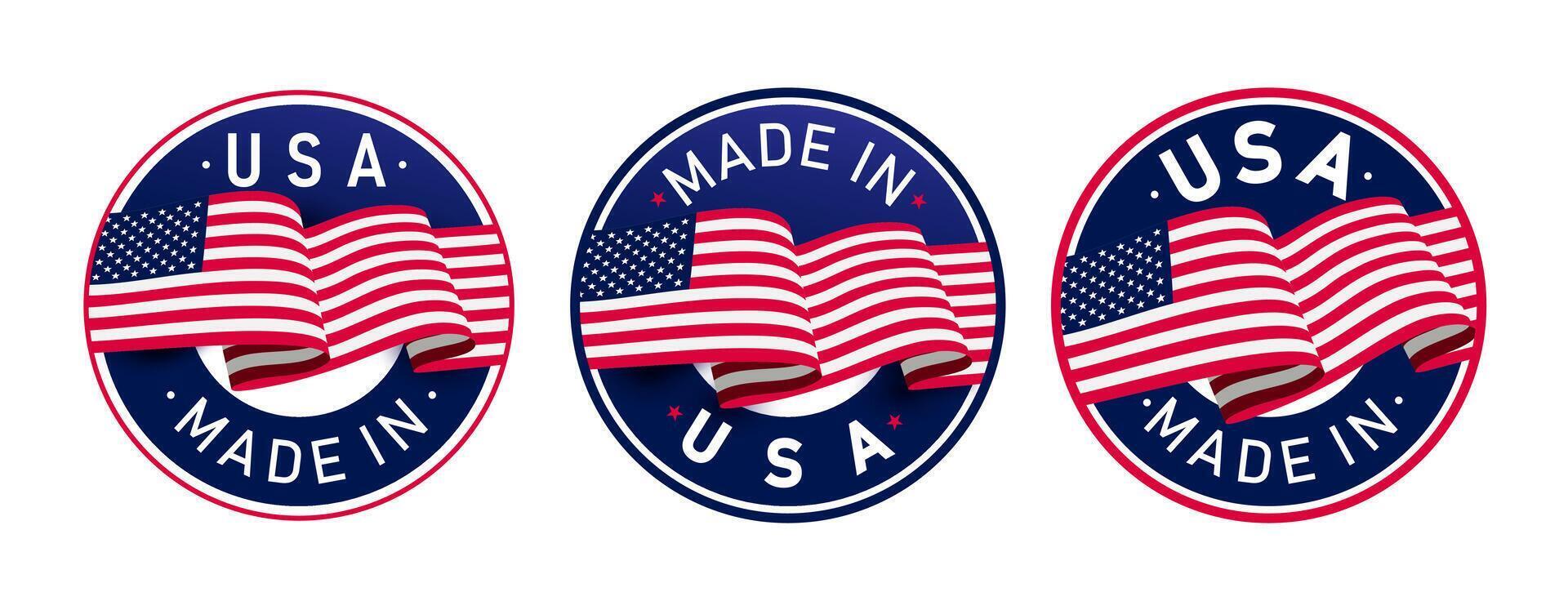 Made in USA symbols, logo. Template composition with American flag for badge, label, pin, for any product made in the United States of America. Variants for light and dark backgrounds. vector