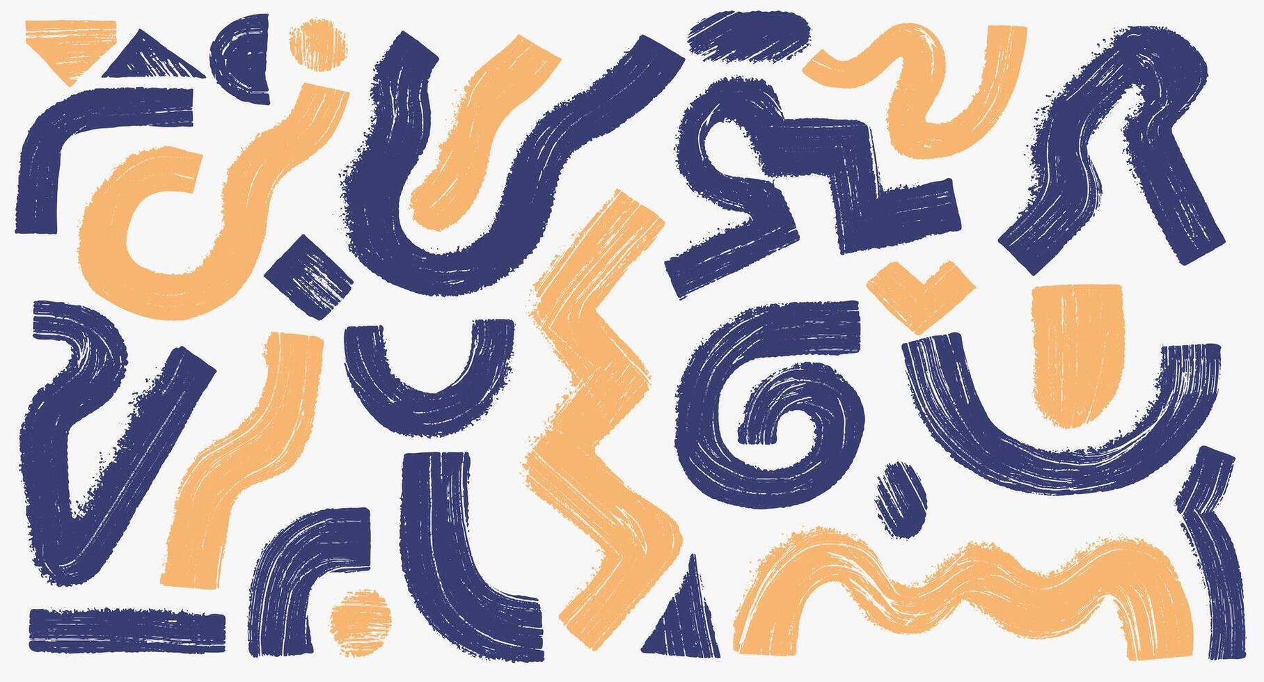 Brush drawn bold shapes, arrows, asterisks, circles set. Collection of curly brush strokes, squiggle thick lines for banner, print or collage. Template color grunge style rough symbols, shapes. vector