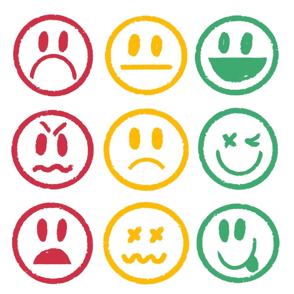 Set of faces, mood red, yellow, green. Sad, indifferent and happy. Good, regular and bad. Rating, self-assessment. Individual performance. Service quality. Hand drawn grunge illustration. vector