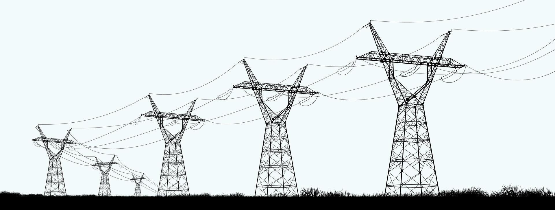 High electric tower. High-voltage poles with wires go away into the horizon. Electric poles. Production of sustainable energy concept. Graphic isolated on white background. vector