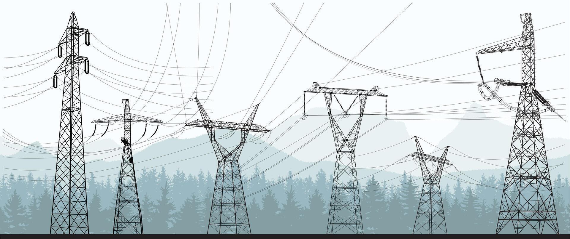 Big set of high electric towers isolated on against the backdrop of nature, mountains and trees. electric pole. Silhouette power lines. Energy pylons. Black outlines illustration. vector