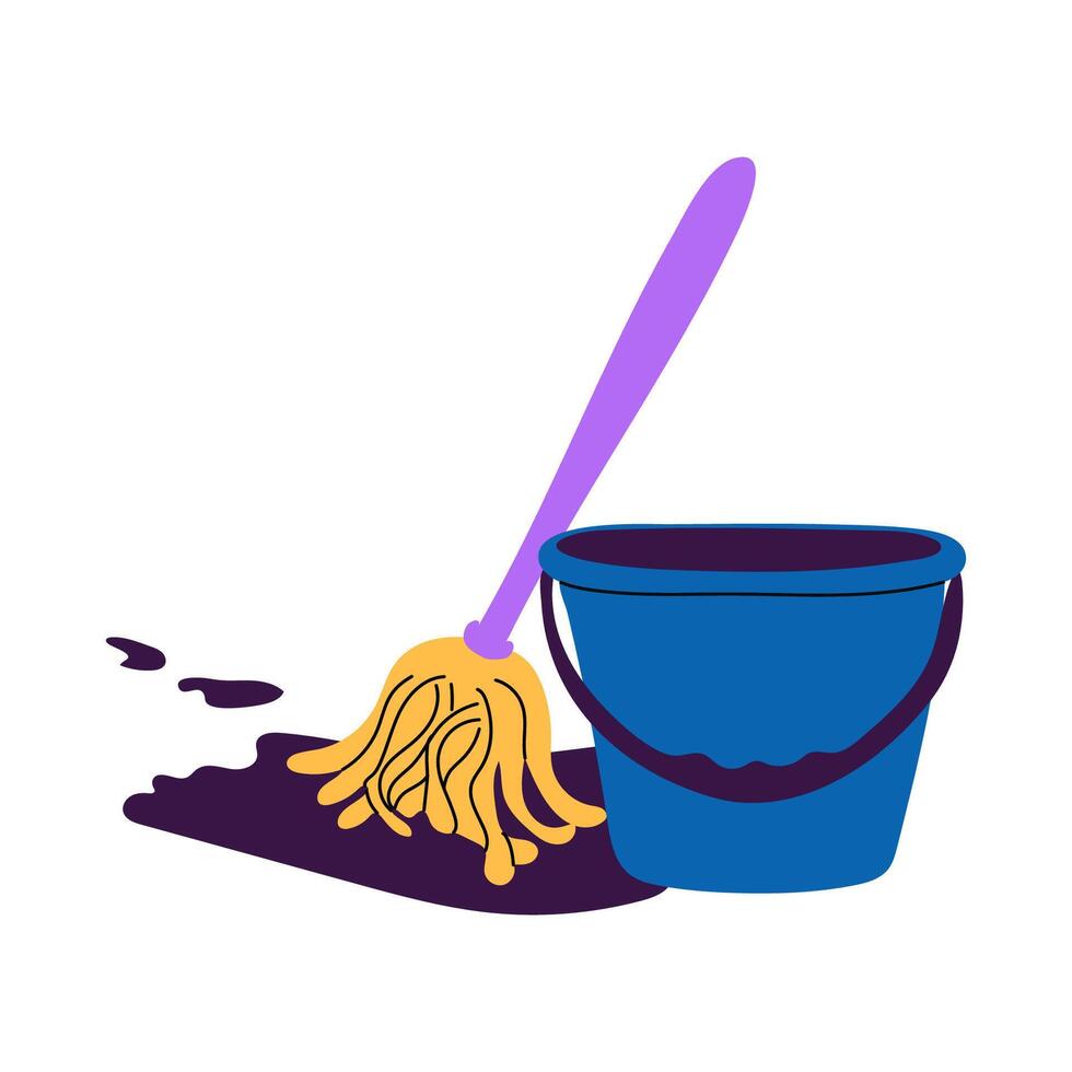 A blue bucket filled with essential cleaning supplies vector