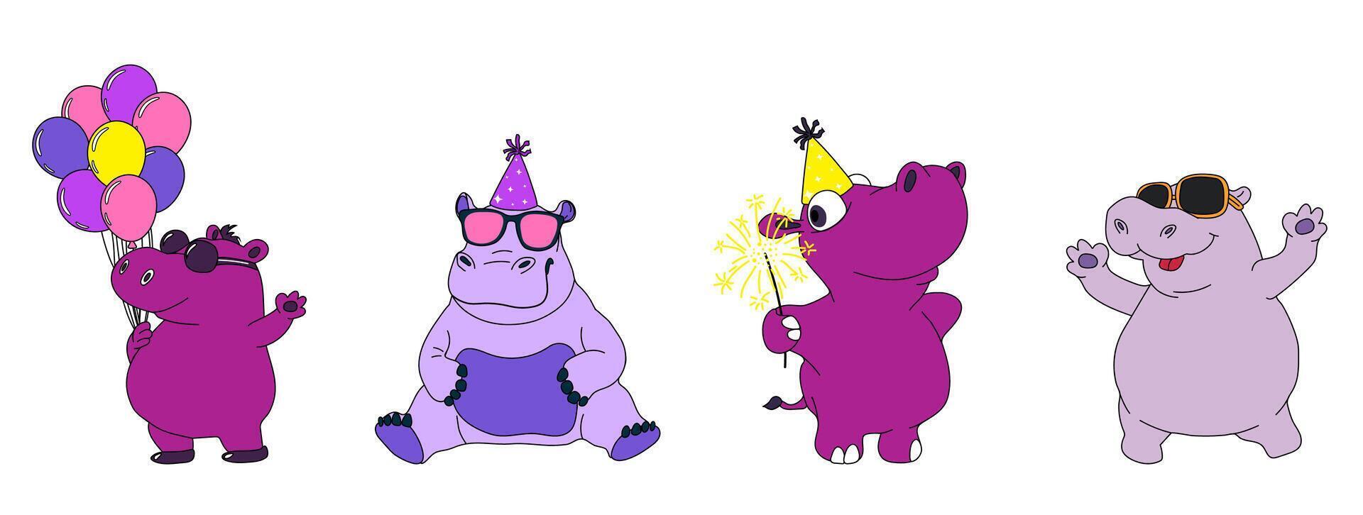Adorable Hippo Character Set With Festive Hats and Celebration Vibes vector