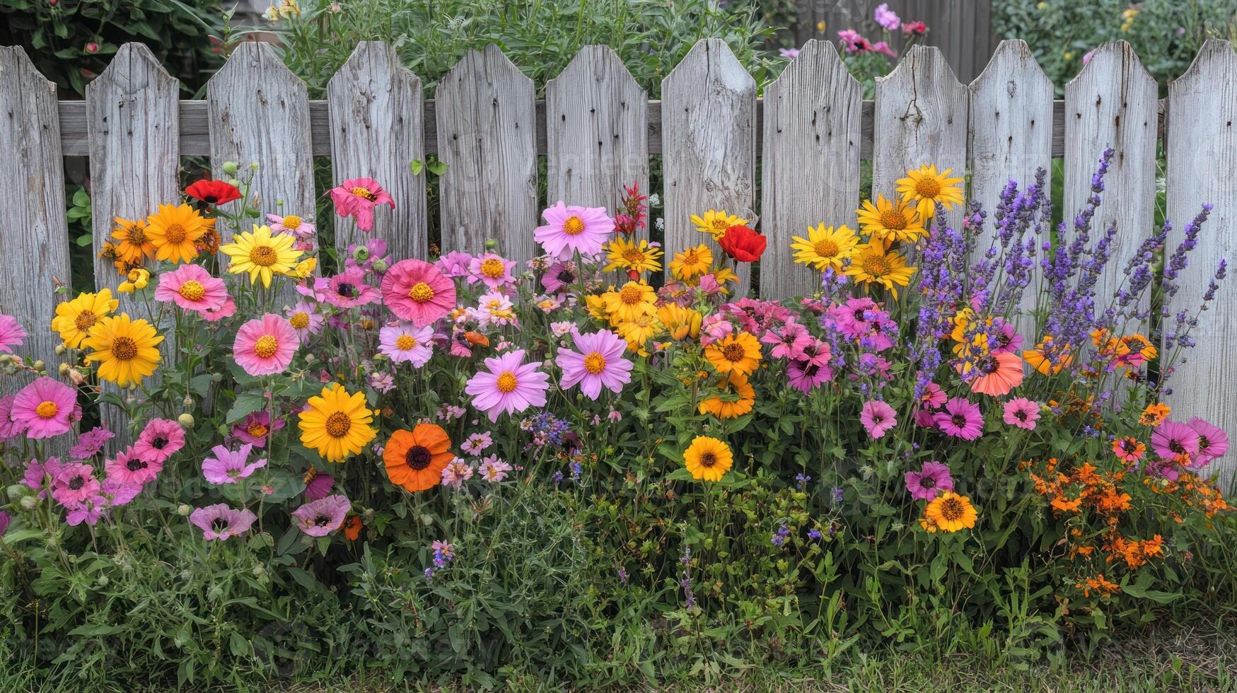 A garden with many different flowers in front of a fence photo