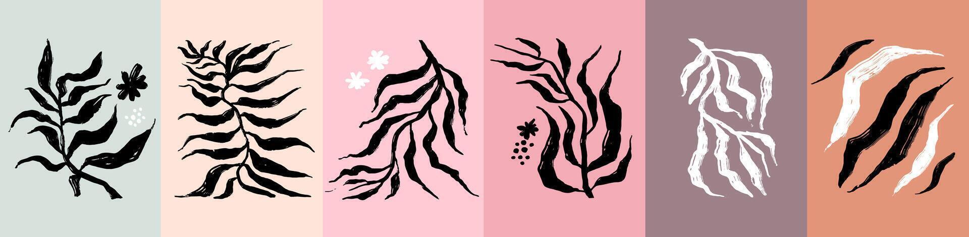 Abstract black brush drawn branches, flowers with long leaves. Botanical silhouette, doodle plant shapes. Silhouettes exotic botanical background in sketch. twig, leaves or sprig grunge style. vector