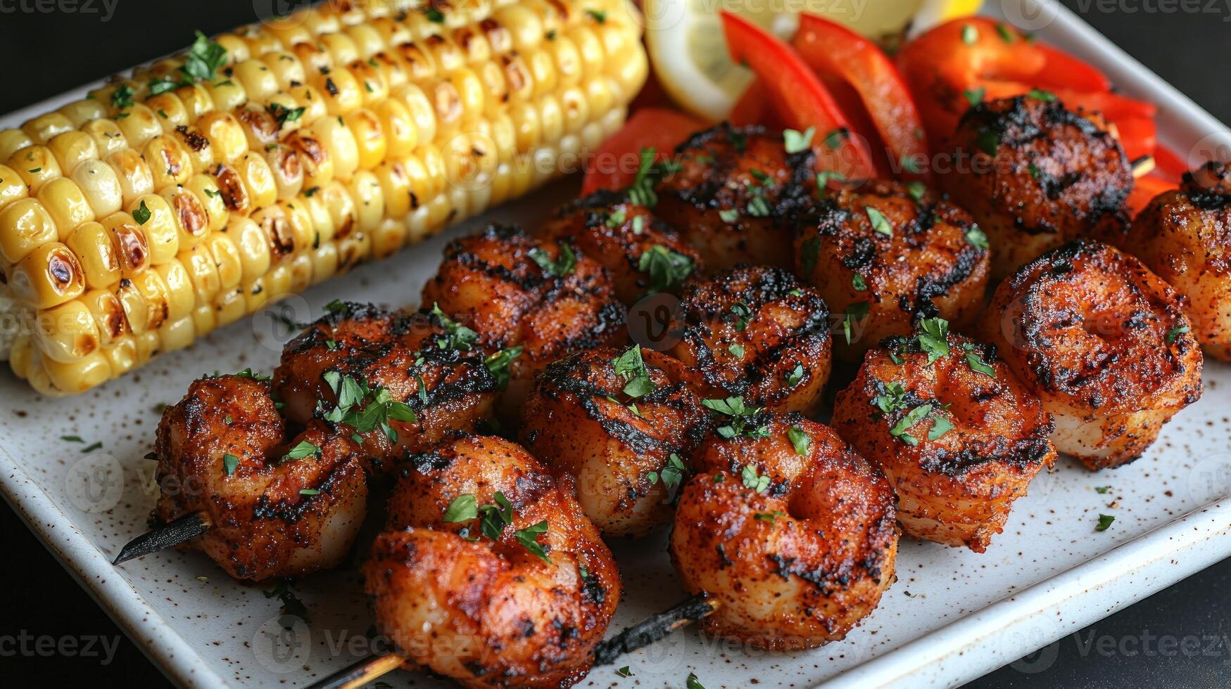 Grilled shrimp skewers with corn and tomatoes photo