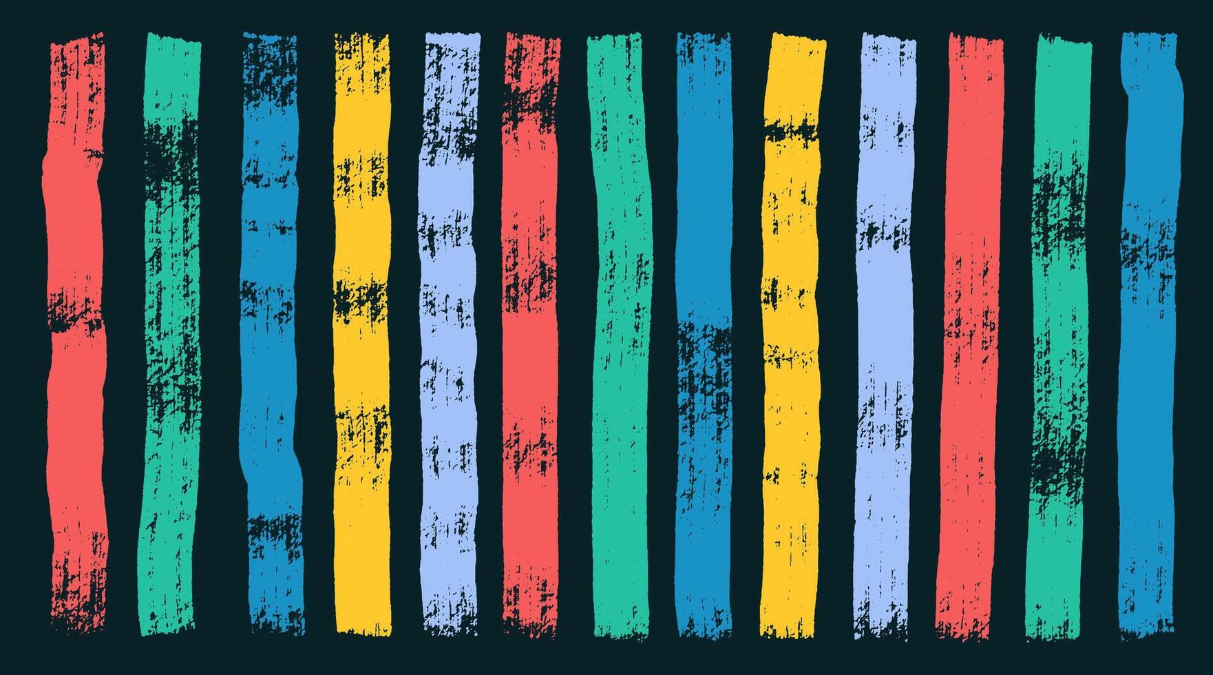 Straight colored thick lines painted with dry brush on canvas set. Grunge marker highlight. paint bold brush strokes, hand drawn thick grunge. Sketchy bold vertical lines on a black background. vector