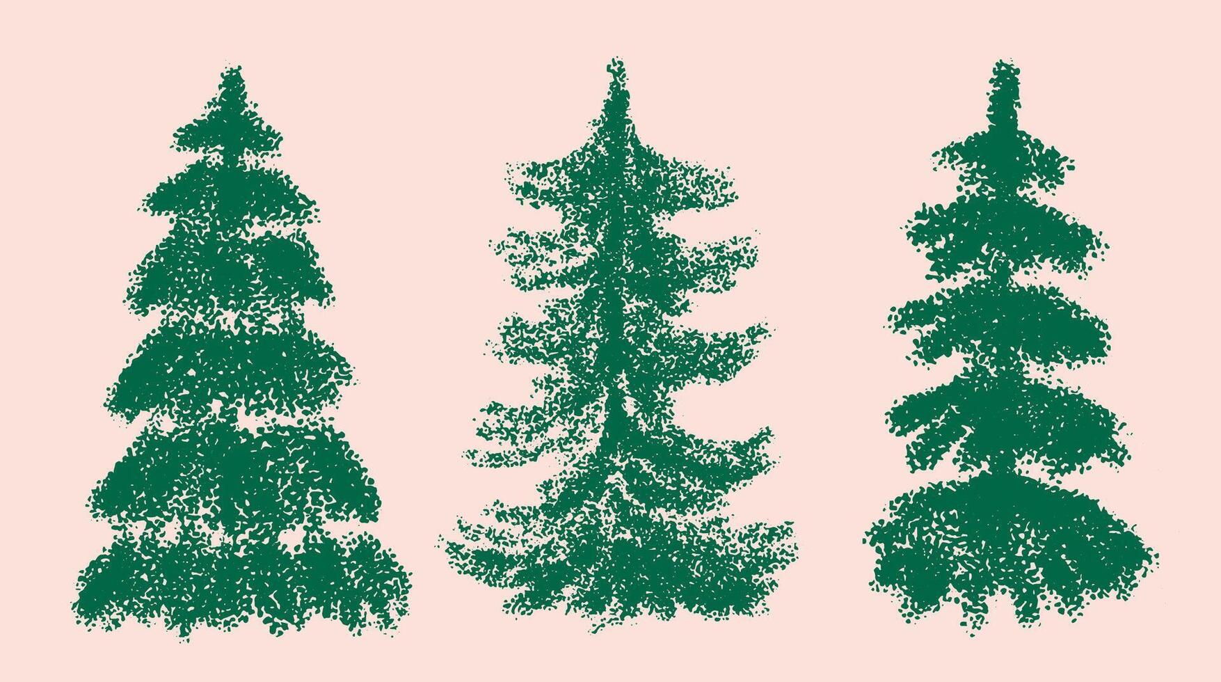 Set of grunge brush drawing of Christmas tree. Green beautiful doodle spruce, ink paint. Hand drawn Christmas tree Ink abstract line. illustration isolated on a white background. vector