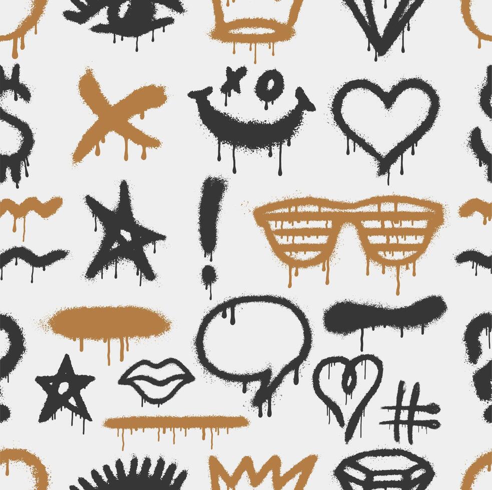 Seamless pattern with street wall graffiti art. Grunge teenager urban print with spray paint doodles and words. Seamless design. Pattern words with drips for textile, fabric, textile, wallpaper vector