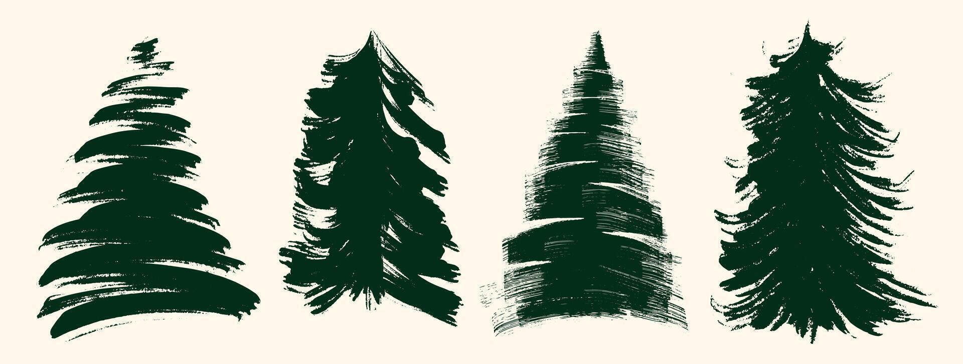 Set of grunge brush drawing of Christmas tree. Hand drawn Christmas tree Ink abstract line. Green beautiful doodle spruce, ink paint. illustration isolated on a white background. vector