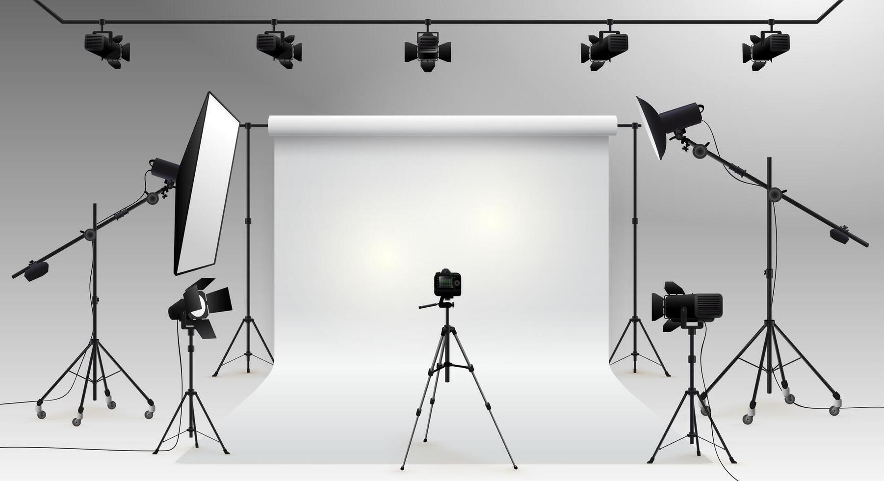 Photography studio . Photographic devices. Photo studio white blank background with soft box light, camera, tripod and backdrop. illustration. Isolated on white background. vector