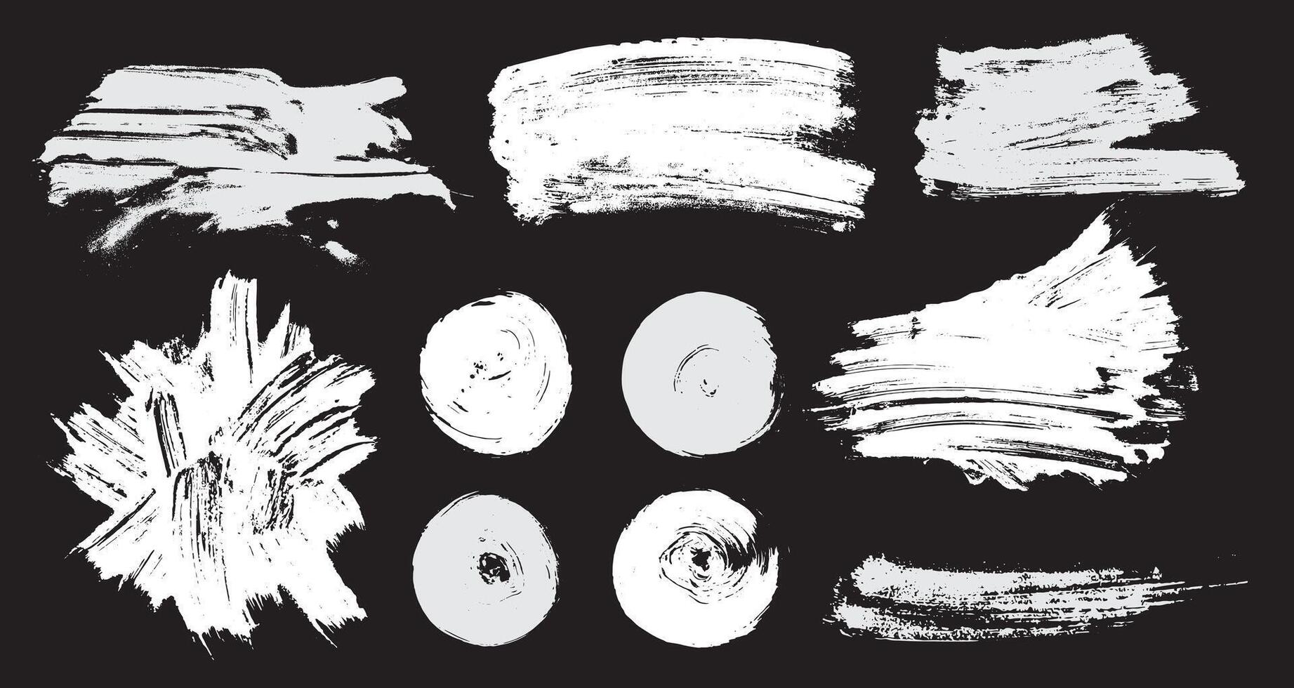 collection of ink white brush strokes. Template dirty textures of banners, boxes, frames and design elements. Grunge brushes, ink set. Painted grunge white objects isolated on black background. vector
