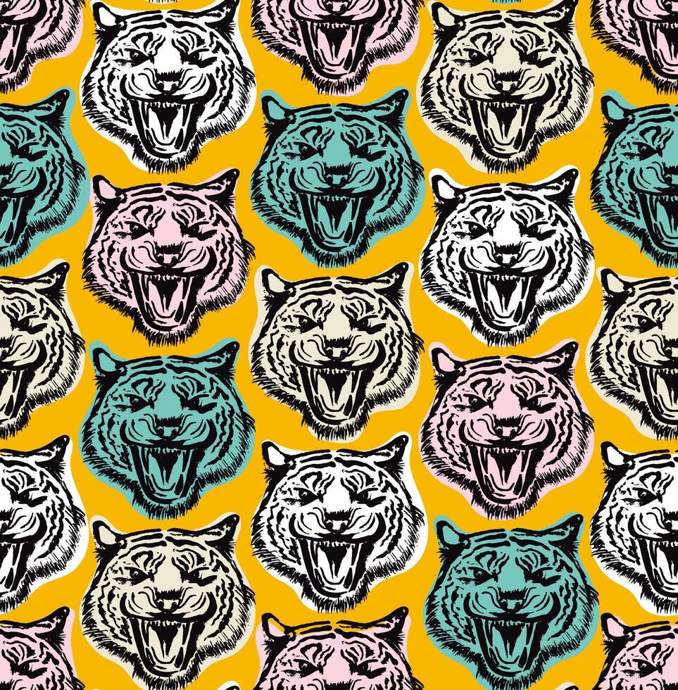 seamless pattern with face tigers on the yellow background. Circus animal show. Endless pattern Angry Tiger Face. paint, ink brush strokes. Fashionable fabric design. vector