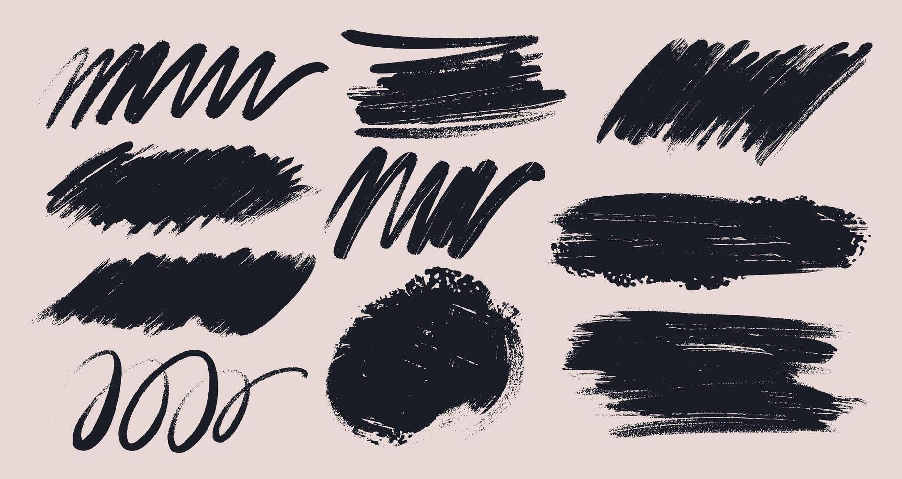 Ink brush strokes set. Grunge brush, ink. Black dirty textures of banners, boxes, frames, design elements. Painted objects sketchy bold horizontal lines. Grunge marker highlight underline. vector