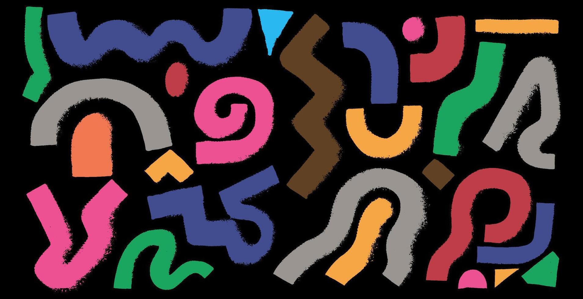 Colored brush circles, wavy, curved lines set. Collection of geometric elements. thick geometric brush strokes. Wavy curly lines, round shapes, shapes. Colorful bold stripes, abstract forms. vector