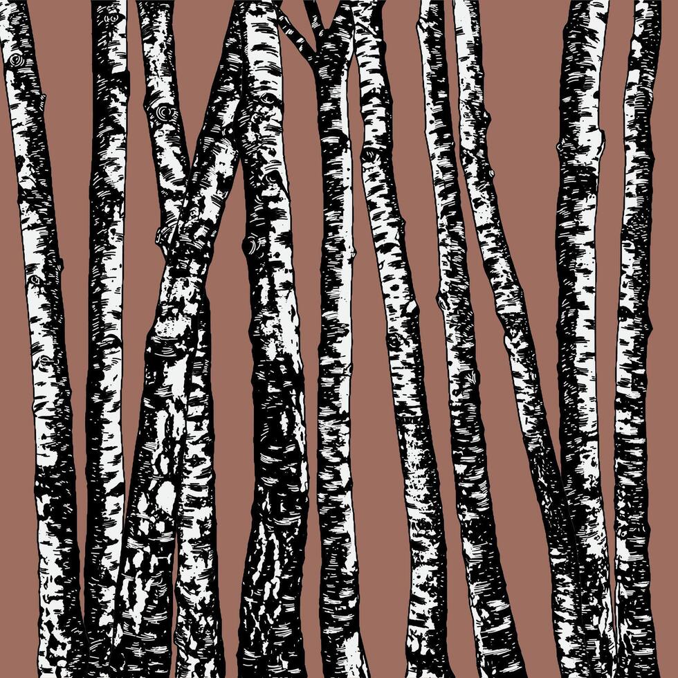 Set of Birch tree pattern. birch or aspen trees with leaves. Hand draw realistic trees. Grove background. Pattern suitable for laser cutting or print, design on a brown background. vector